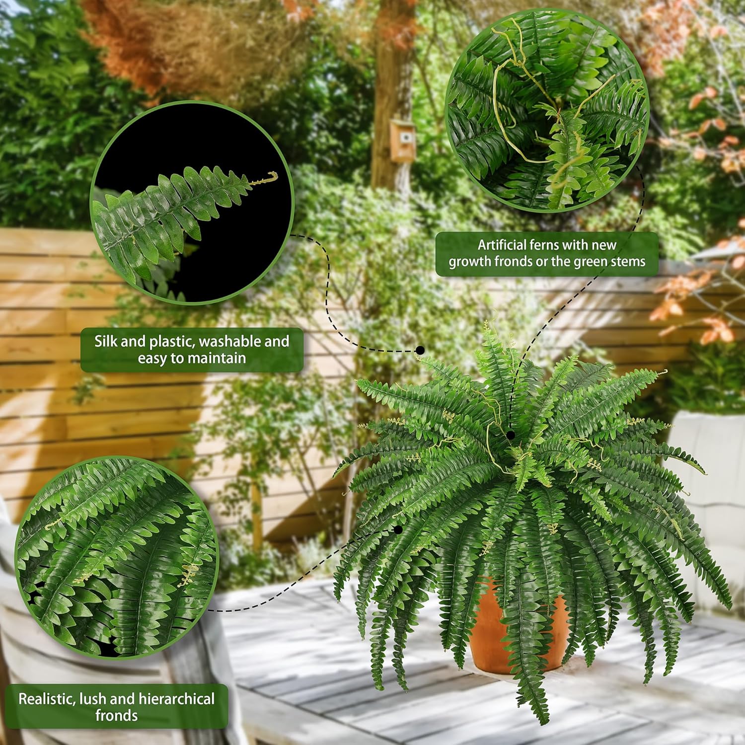 FOREST PRINCE 45" Fake Ferns, Realistic Large Artificial Bush Plants, 2 Artificial Boston Ferns with 59 Fronds for Outdoors Planter Indoor Home Garden Porch Decor - Image 5