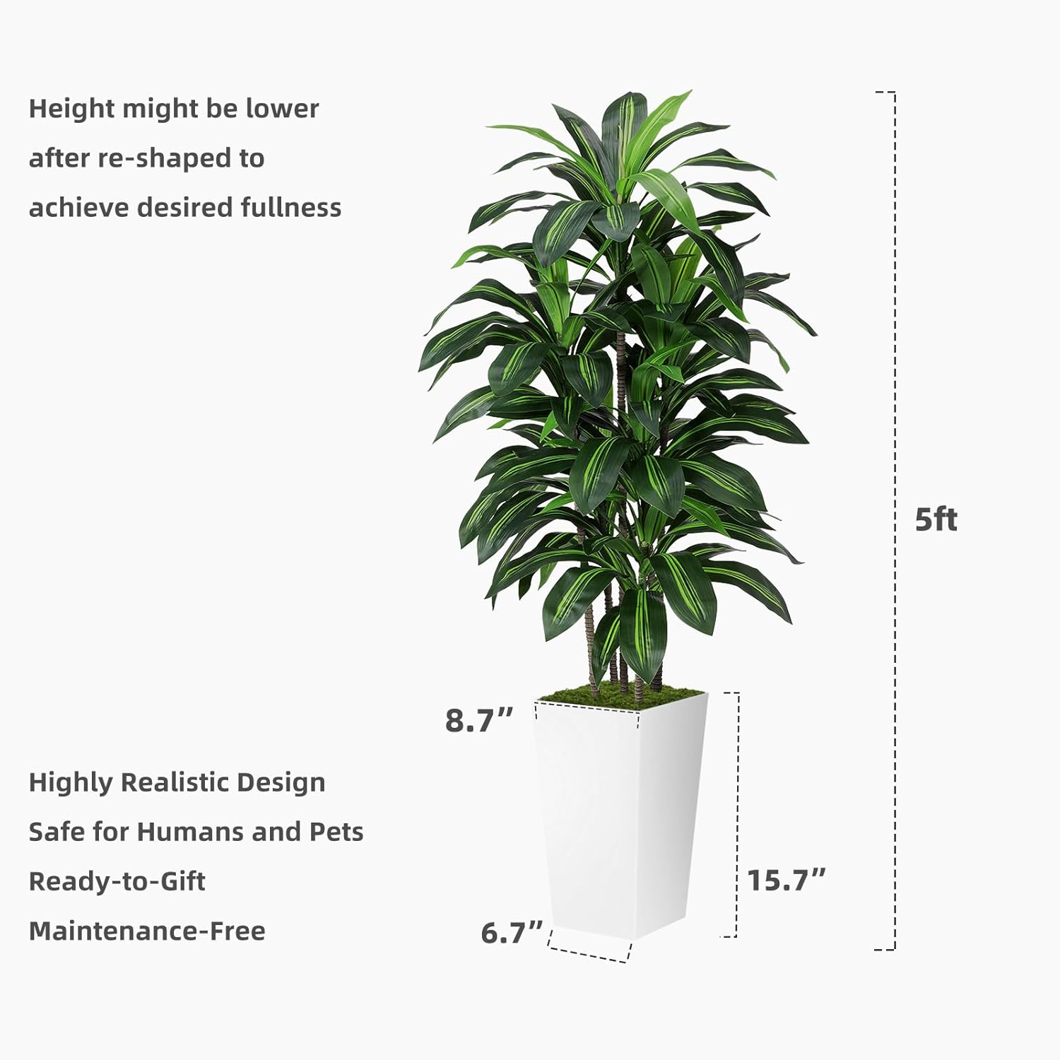 Artificial Dracaena Plant Indoor 5FT - Fake Tree with White Tall Planter - Faux Yucca Tall Fake Floor Plant in Pot - Artificial Trees for Home Office Living Room Decor Indoor - Image 2