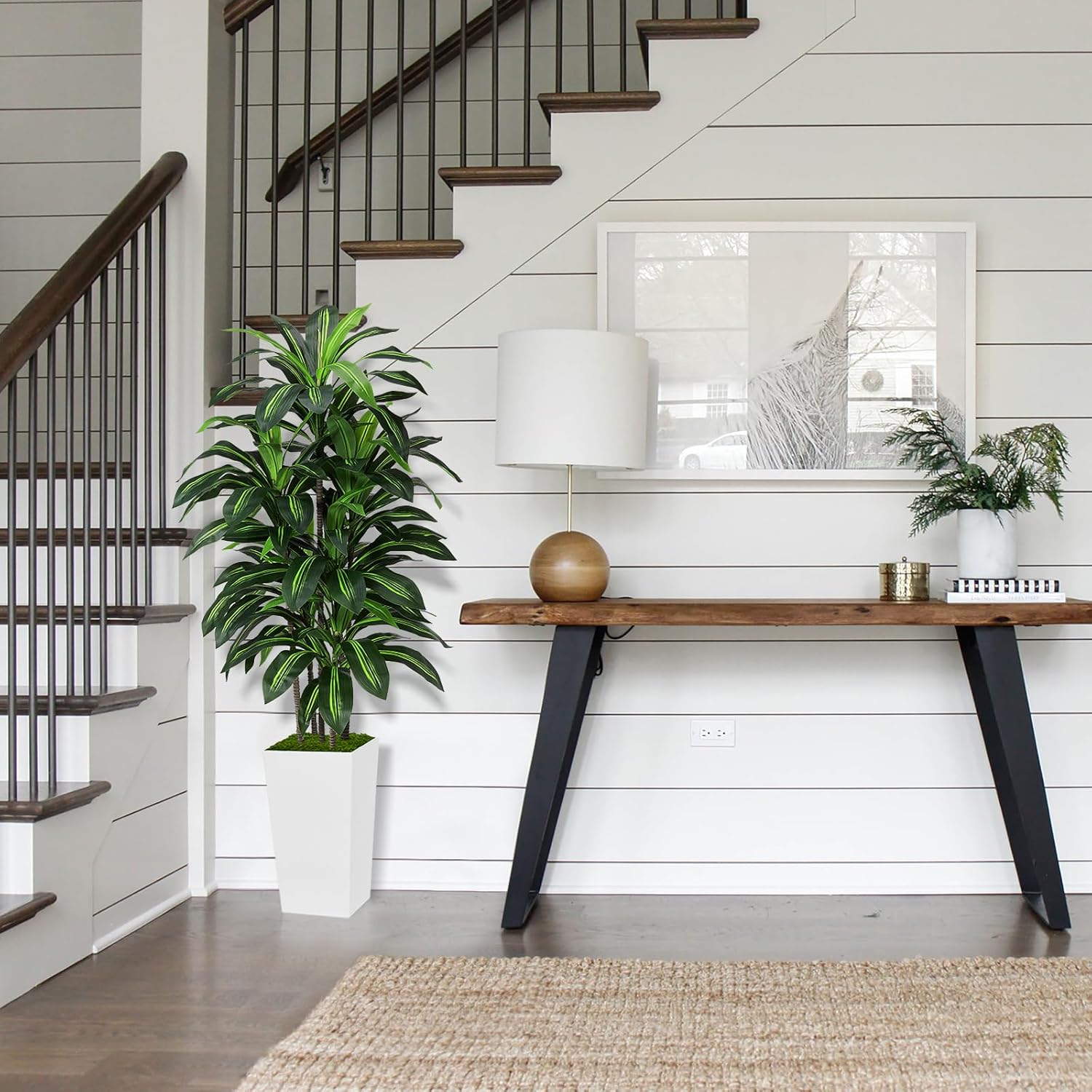 Artificial Dracaena Plant Indoor 5FT - Fake Tree with White Tall Planter - Faux Yucca Tall Fake Floor Plant in Pot - Artificial Trees for Home Office Living Room Decor Indoor - Image 3