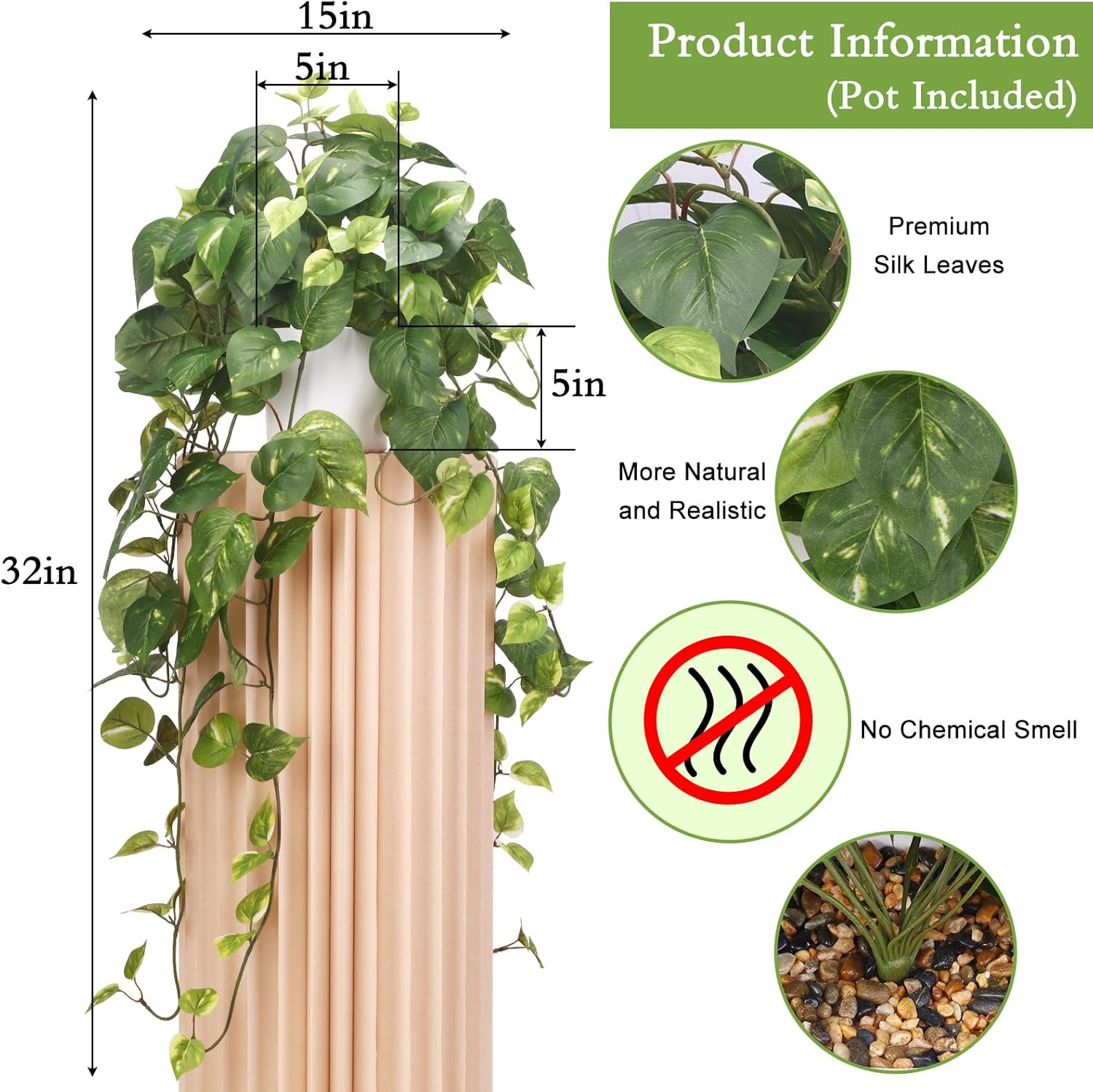 CEWOR Fake Plants Artificial Plants Indoor Faux Plant for Home Decor Silk Realistic Hanging Plants Potted Aesthetic Fake Pothos for Shelves Office Bedroom Bathroom Decor (Green) - Image 2