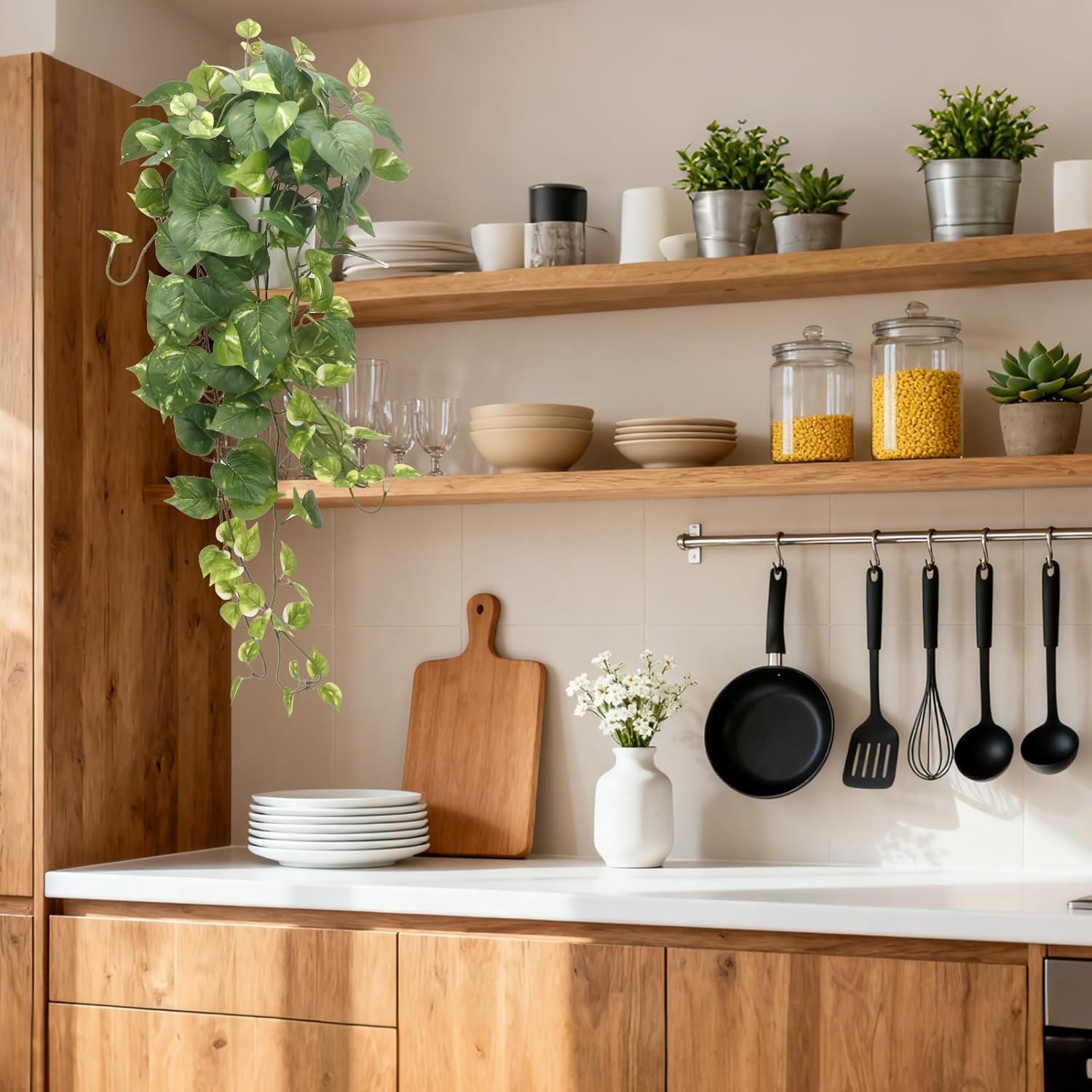 CEWOR Fake Plants Artificial Plants Indoor Faux Plant for Home Decor Silk Realistic Hanging Plants Potted Aesthetic Fake Pothos for Shelves Office Bedroom Bathroom Decor (Green) - Image 3