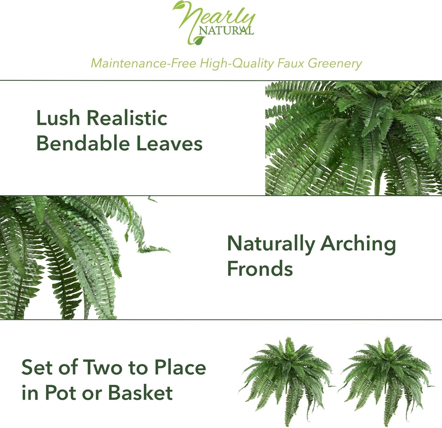 Nearly Natural 48in Artificial Boston Fern, Set of 2 - Large Hanging Fake Plant Wall Decor with 67 Fronds, Faux Fern Vines that Look Real for Home and Office Decor - Image 4