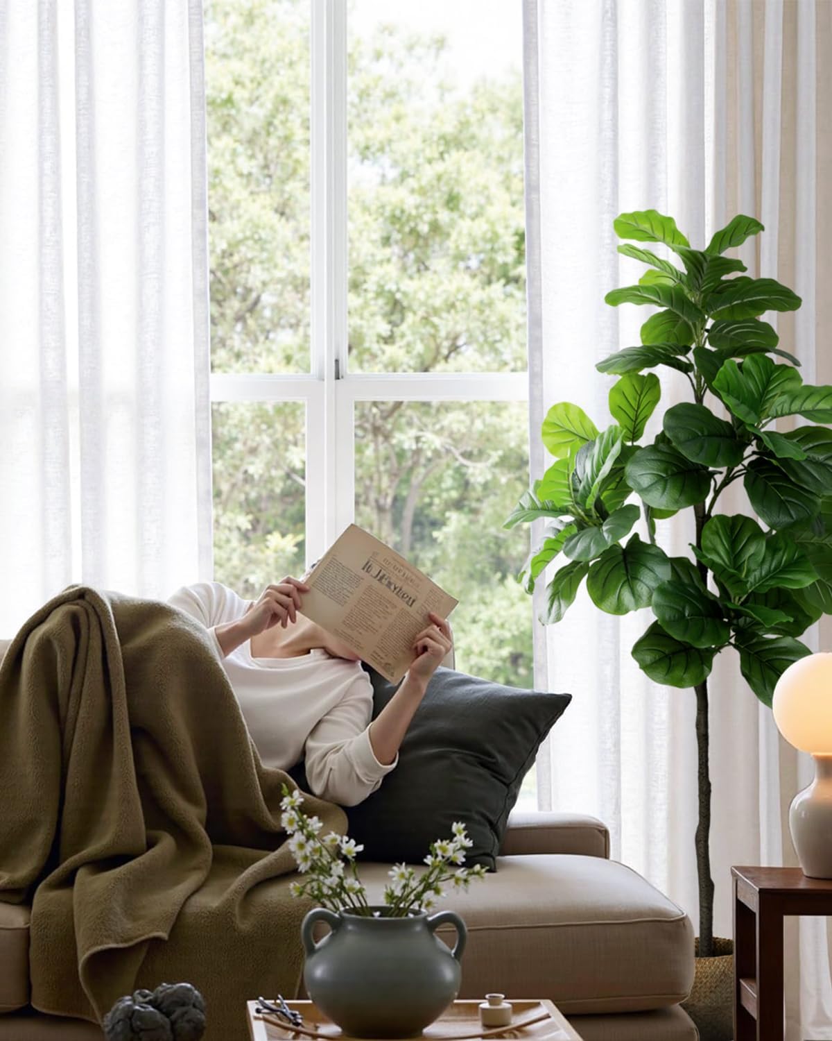 LuceAlberi Artificial Fiddle Leaf Fig Tree 6FT - Large Fake Tree with White Planter&Basket, Tall Faux Ficus Lyrata Tree Floor Plants for Indoor Home Decor Office Living Room Housewarming Gift, 1Pack - Image 7