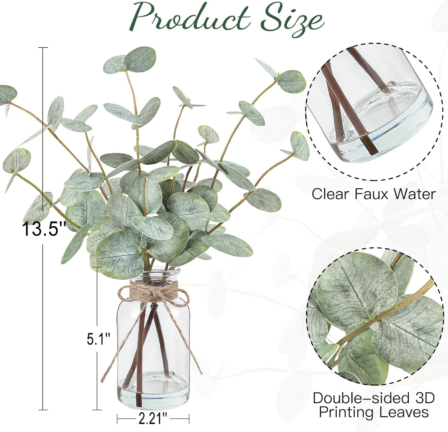Bessol Artificial Eucalyptus Stems in Glass Vase with Faux Water, 13.5" Fake Plants for Home Decor, Coffee Table Centerpieces, Office, Bathroom & Farmhouse Weddings - Faux Greenery Plants Decorations - Image 2