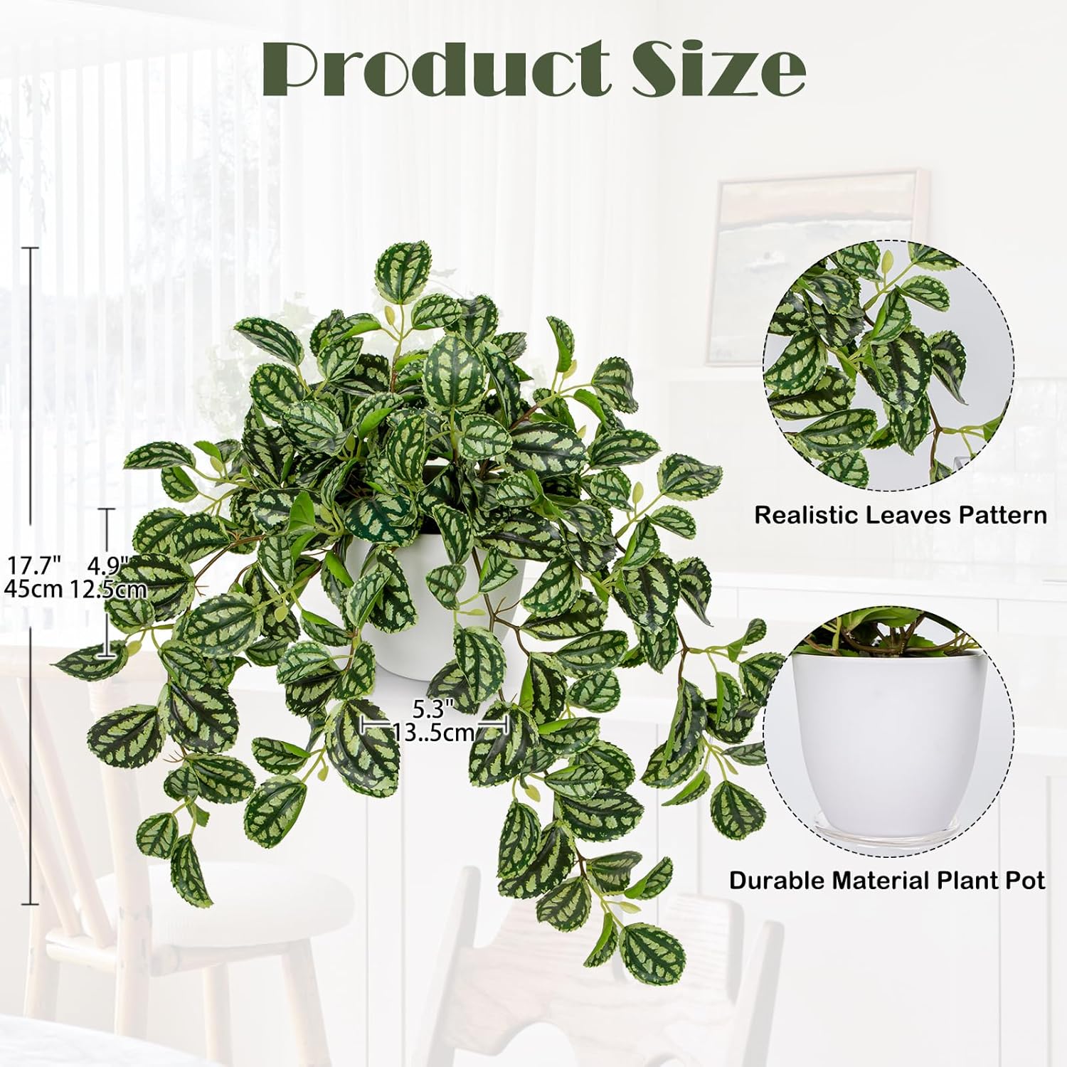 Briful Fake Plants Indoor Artificial Potted Silk Plants Faux Watermelon Peperomia Trailing Vine Plant for Home Office Livingroom Desk Shelf Mantle Decoration(Green/White - 1 Pack) - Image 2