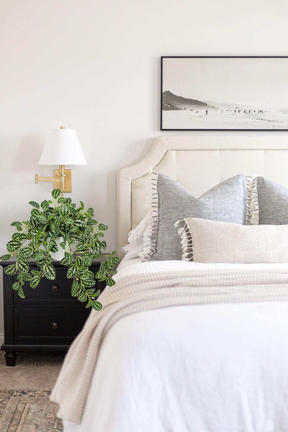 Briful Fake Plants Indoor Artificial Potted Silk Plants Faux Watermelon Peperomia Trailing Vine Plant for Home Office Livingroom Desk Shelf Mantle Decoration(Green/White - 1 Pack) - Image 3