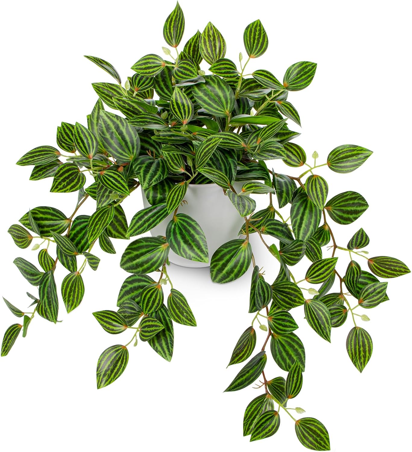 Briful Fake Plants Indoor Artificial Potted Silk Plants Faux Watermelon Peperomia Trailing Vine Plant for Home Office Livingroom Desk Shelf Mantle Decoration(Green/White - 1 Pack) - Image 8