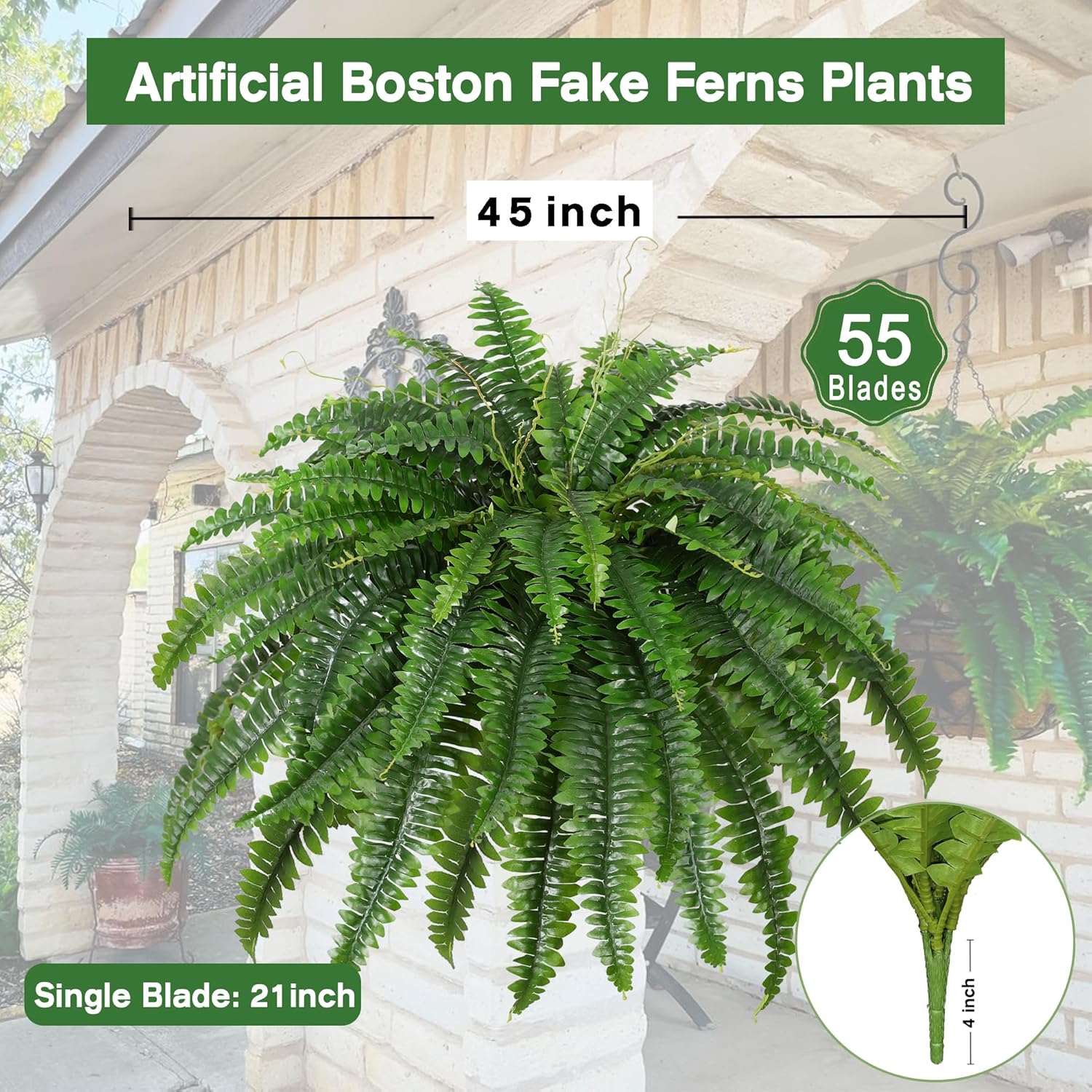 Dkaltm Artificial Boston Fern Bush- Set of 2 Large Artificial Ferns for Outdoors, 45Inch Large Faux Ferns, Suitable for Office & Living Room Decor, 55Branches for Each Bouquet - Image 2