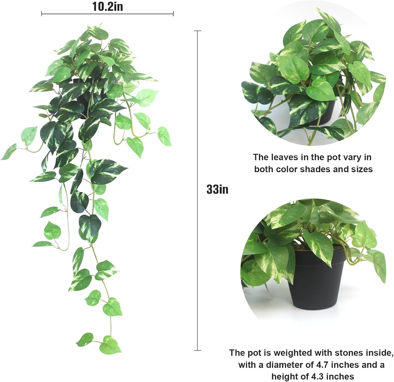 Fake Pothos Hanging Plants - 33" Set of 2 Artificial Silk Ivy Vines with Pots, Realistic Faux Greenery for Indoor Home Office Bathroom Decor, Low Maintenance Hanging Plant Decoration - Golden Green - Image 3