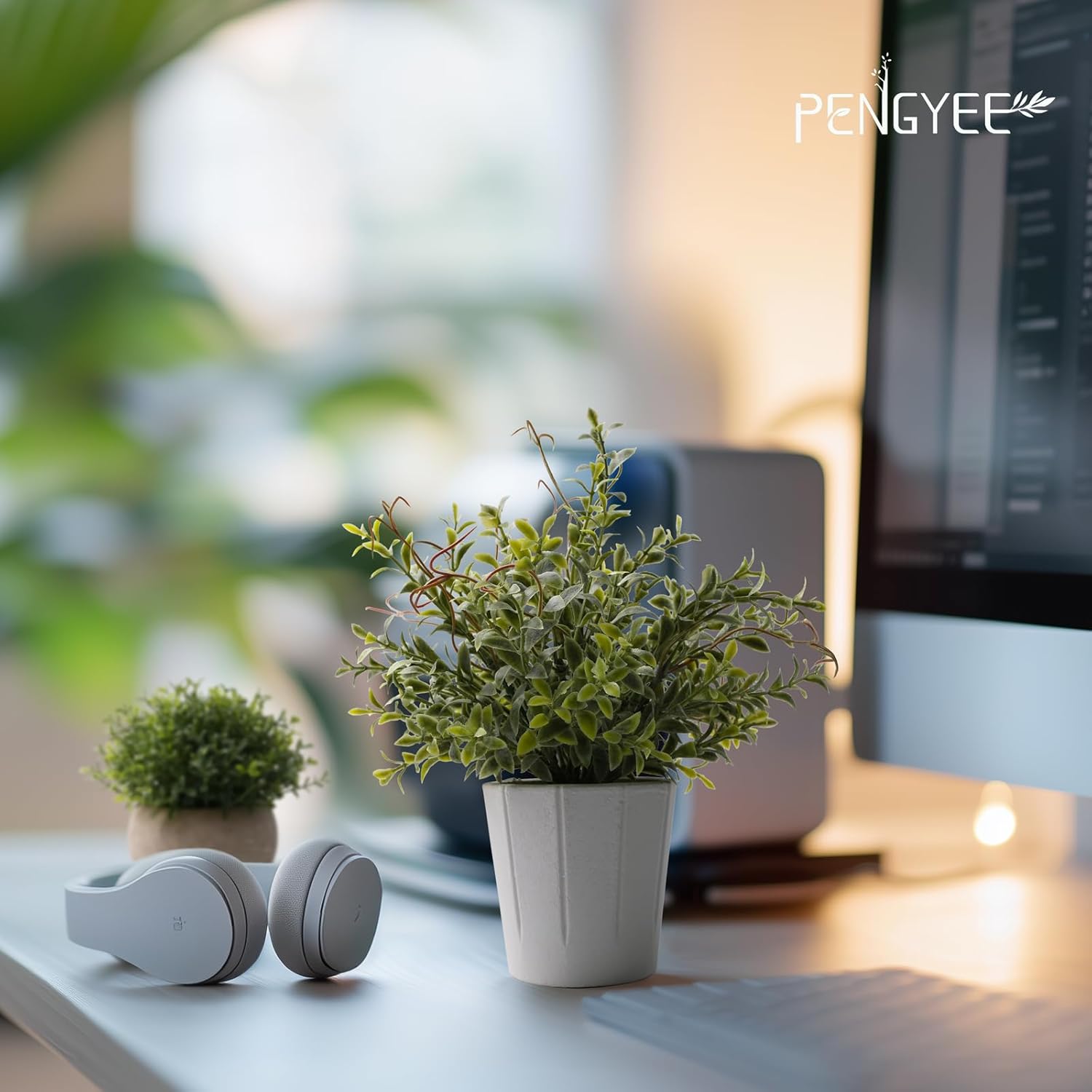 PENGYEE 4 Pack Small Fake Plants in White Pulp Pot for Home Decor, Artificial Plants Indoor, Small Faux Plants Indoor for Bathroom Bedroom Kitchen Office Farmhouse Room Shelf Decor