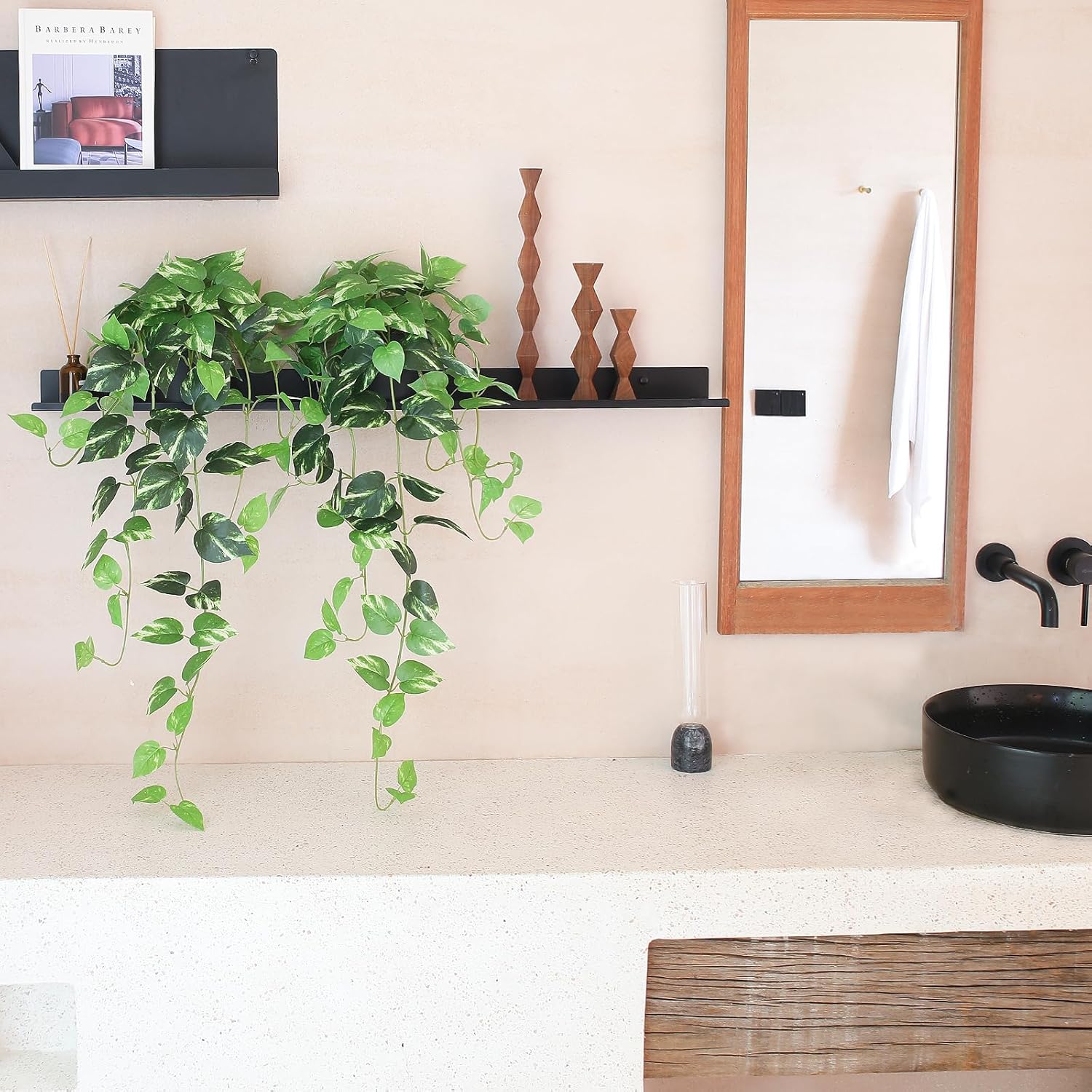 Fake Pothos Hanging Plants - 33" Set of 2 Artificial Silk Ivy Vines with Pots, Realistic Faux Greenery for Indoor Home Office Bathroom Decor, Low Maintenance Hanging Plant Decoration - Golden Green - Image 5