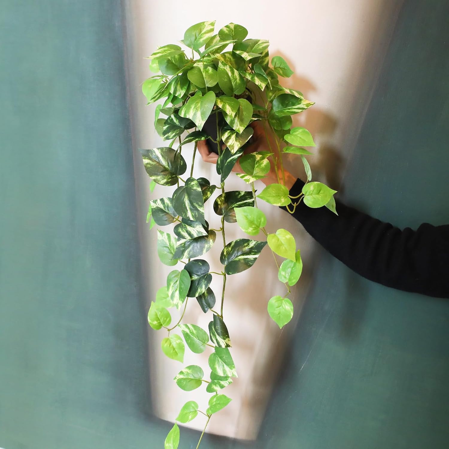Fake Pothos Hanging Plants - 33" Set of 2 Artificial Silk Ivy Vines with Pots, Realistic Faux Greenery for Indoor Home Office Bathroom Decor, Low Maintenance Hanging Plant Decoration - Golden Green - Image 6