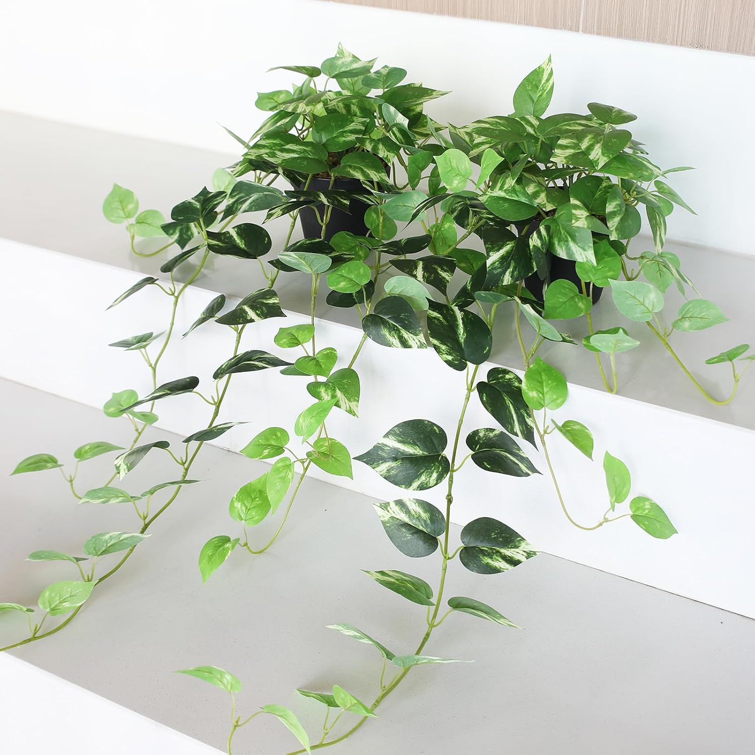 Fake Pothos Hanging Plants - 33" Set of 2 Artificial Silk Ivy Vines with Pots, Realistic Faux Greenery for Indoor Home Office Bathroom Decor, Low Maintenance Hanging Plant Decoration - Golden Green - Image 7