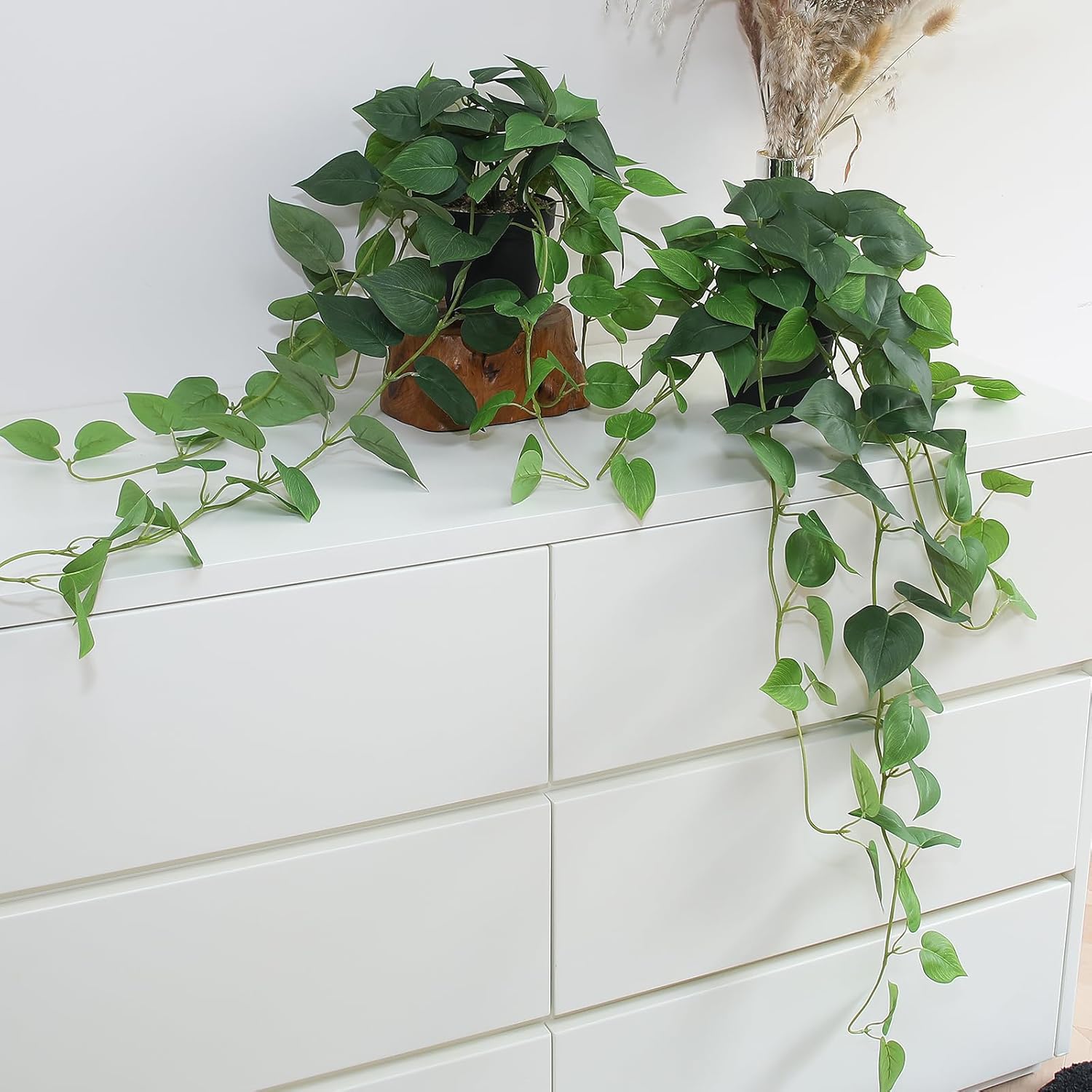 Fake Pothos Hanging Plants - 33" Set of 2 Artificial Silk Ivy Vines with Pots, Realistic Faux Greenery for Indoor Home Office Bathroom Decor, Low Maintenance Hanging Plant Decoration - Golden Green - Image 9
