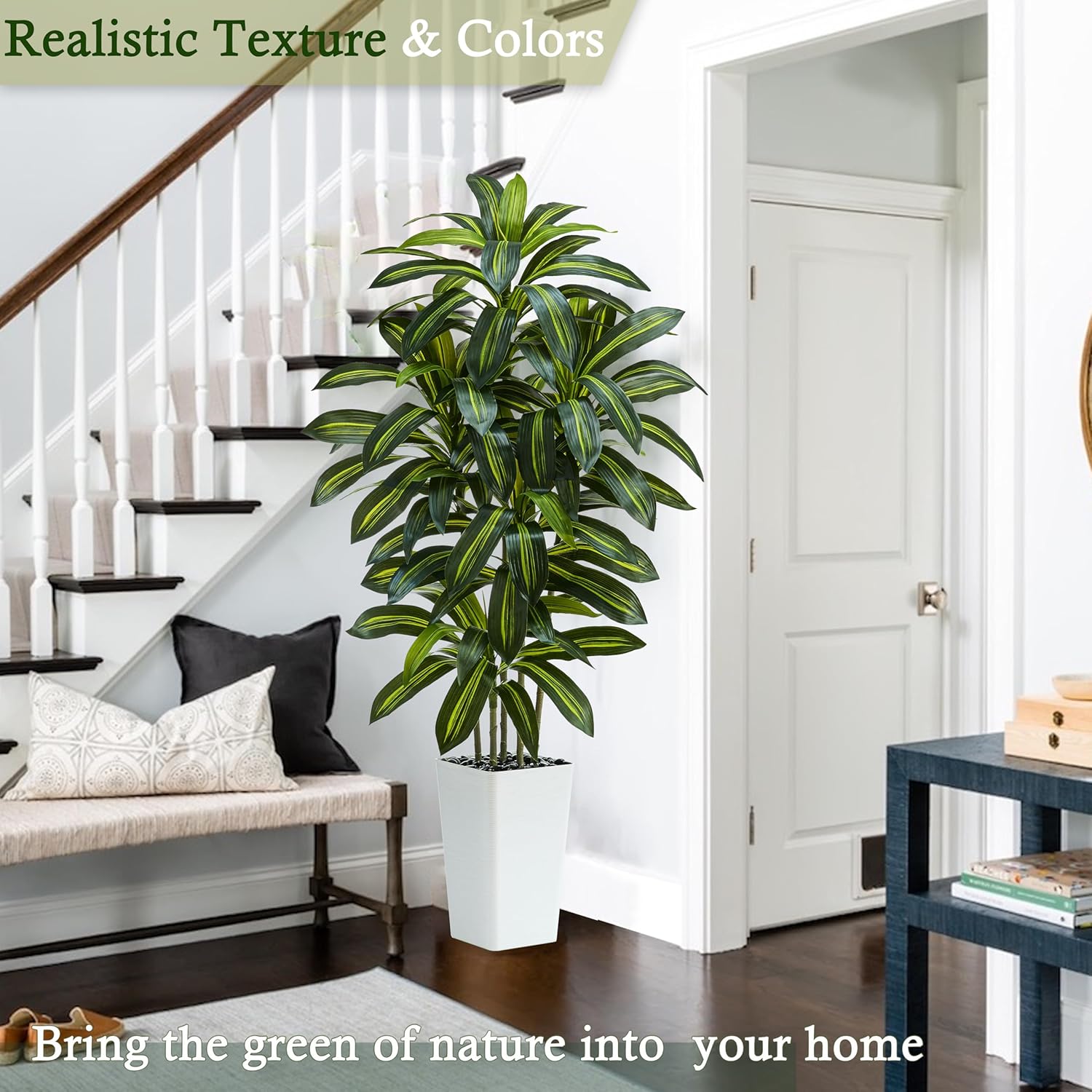 TNGGNT Artificial Dracaena Tree:5FT Faux Silk Tropical Yucca Floor Trees Realistic Fake Green Plant with Natural Wood Trunk & Lifelike Leaves for Home Office Decor Indoor & Outdoor (5FT,1-Pack,White) - Image 3