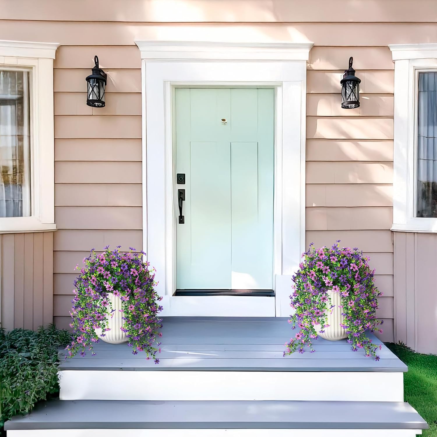 Artificial Fake Hanging Flowers Plants for Outdoor Spring Decoration,2 PCS Faux Silk Daisy with Eucalyptus Leaves,UV Resistant Look Real for Outside Home Indoor Planter Porch Patio Balcony Yard Decor - Image 2