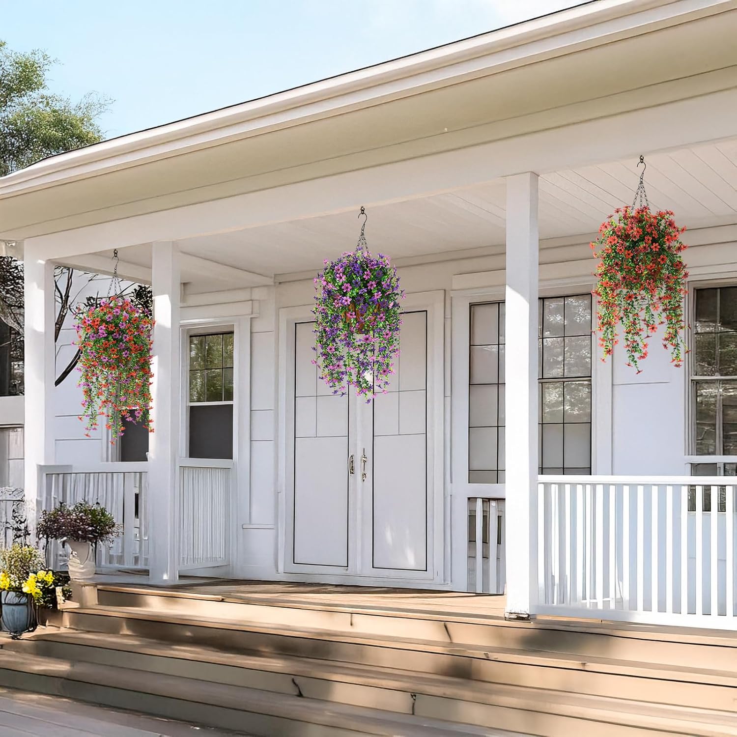 Artificial Fake Hanging Flowers Plants for Outdoor Spring Decoration,2 PCS Faux Silk Daisy with Eucalyptus Leaves,UV Resistant Look Real for Outside Home Indoor Planter Porch Patio Balcony Yard Decor - Image 5