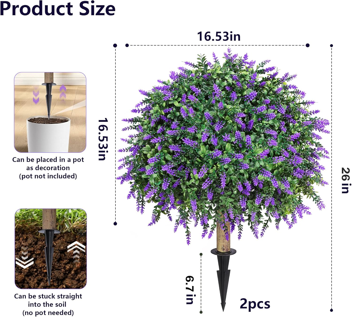 HyeFlora 2 Pack Artificial Topiary Boxwood Ball Trees with Lavender Fake Plants for Outdoor Indoor Artificial Shrubs with Ground Spike UV Resistant Fake Bushes for Front Porch Garden (Purple Lavender)