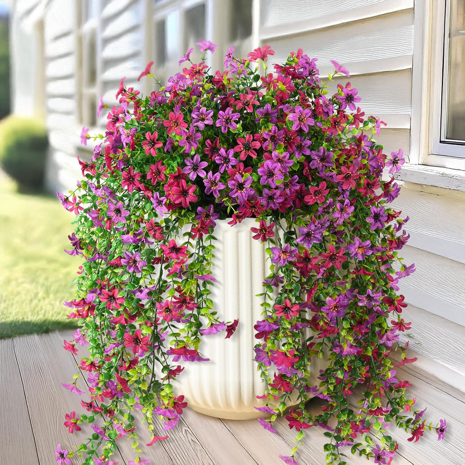 Artificial Fake Hanging Flowers Plants for Outdoor Spring Decoration,2 PCS Faux Silk Daisy with Eucalyptus Leaves,UV Resistant Look Real for Outside Home Indoor Planter Porch Patio Balcony Yard Decor - Image 6