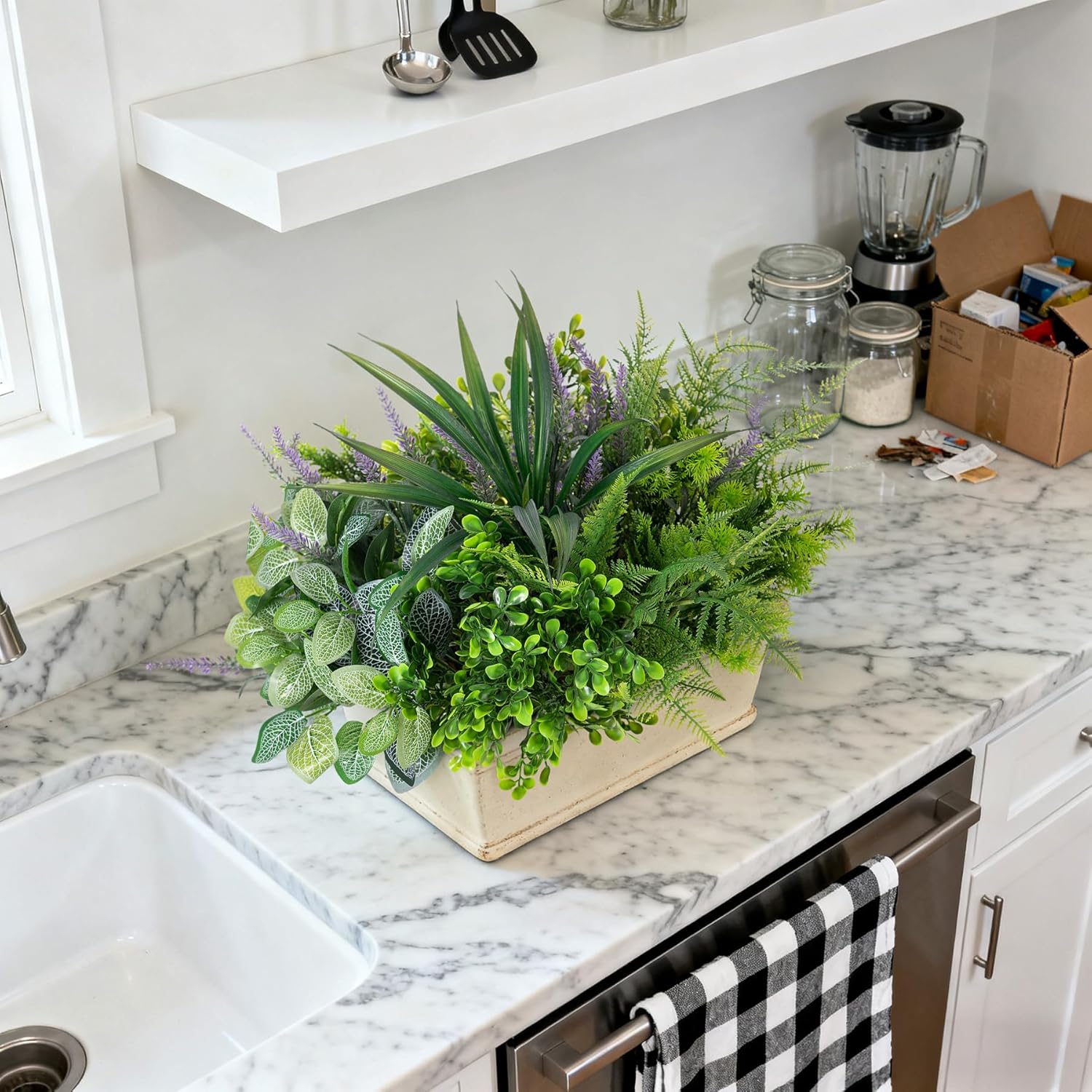 Hrobek Outdoor Faux Plants UV Resistant - 12 Bouquets Realistic Artificial Eucalyptus Fern Lavender Greenery for Patio Garden Front Porch Decor Weatherproof Fake Plants for Outside - Image 6