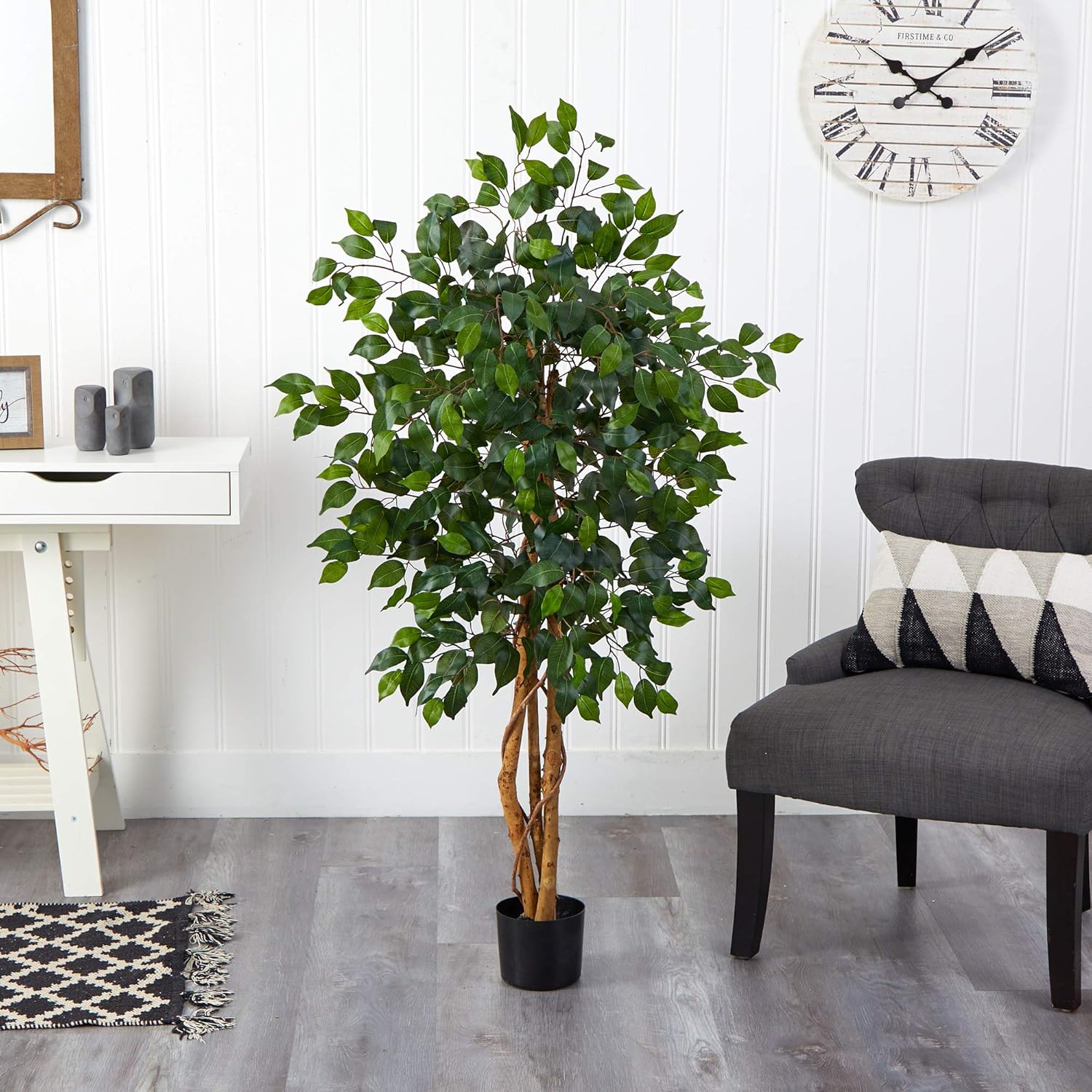 Nearly Natural 4ft Triple Trunk Artificial Ficus Tree With Natural Wood Trunks, Indoor Faux Ficus, Black Nursery Pot, Living Room Home Decor