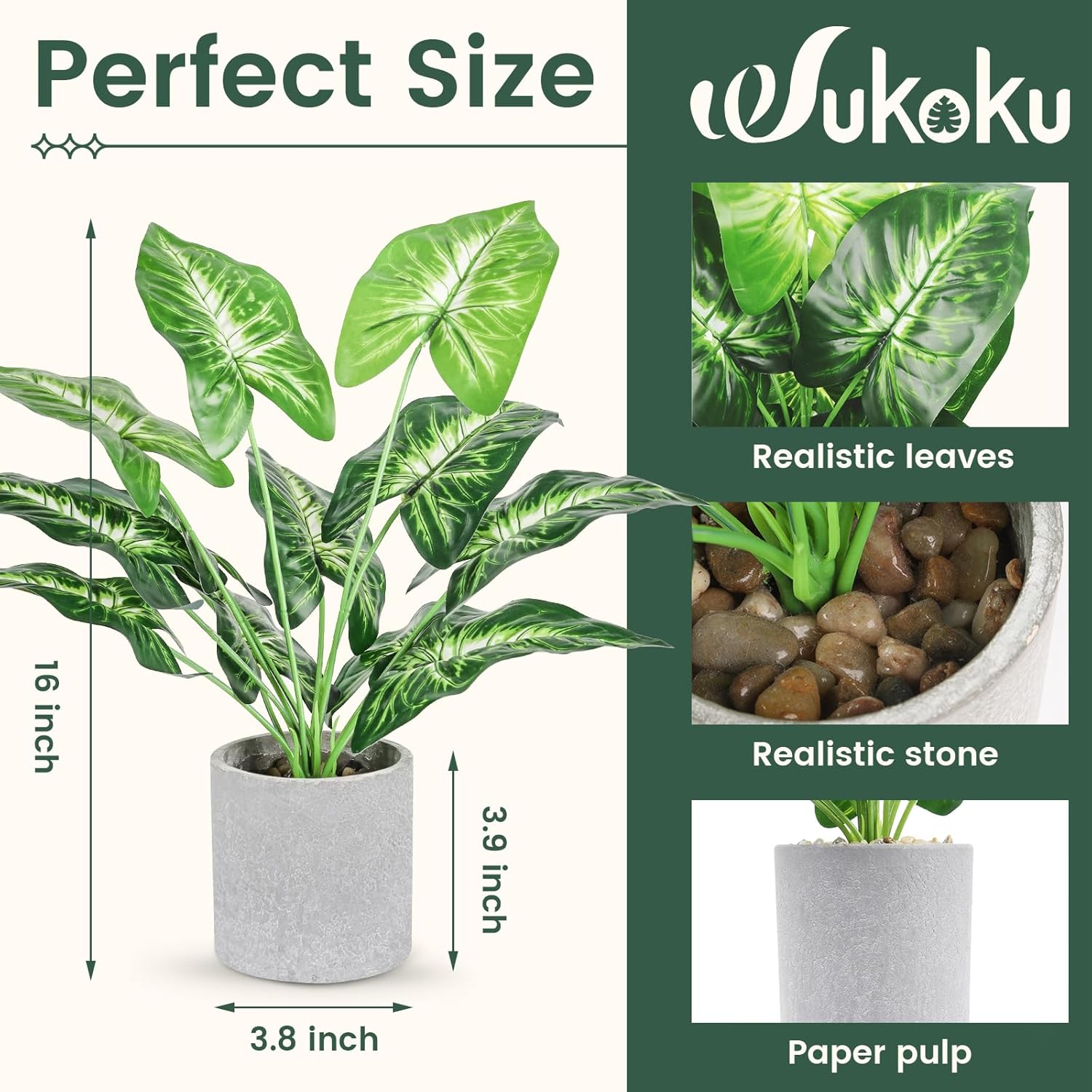 WUKOKU 16" Small Fake Plants Artificial Tropical Faux Plants Indoor Desk Plant for Home Office Kitchen Shelf Sage Green Decor