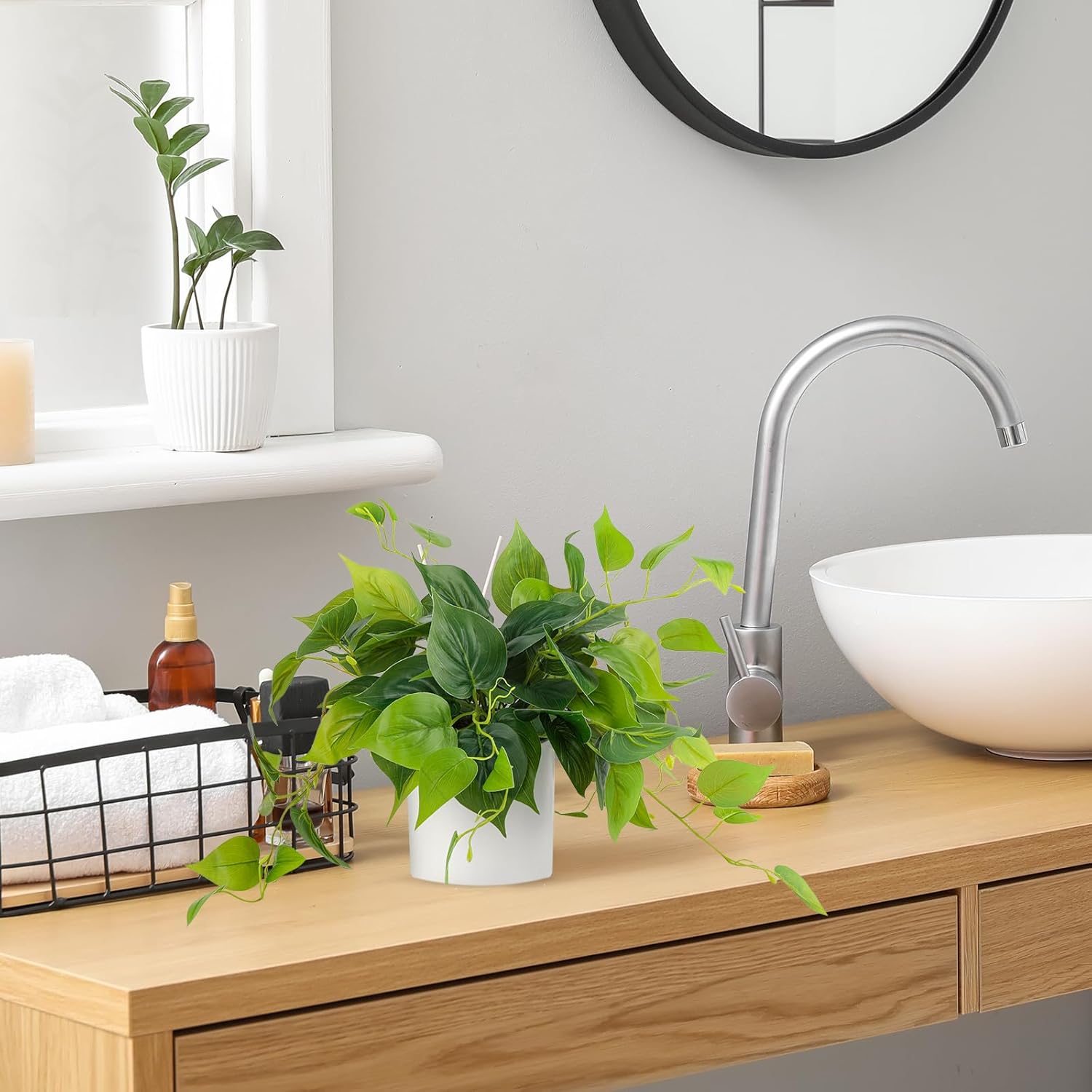 JPSOR Faux Plants Indoor, Pothos Small Fake Plants for Home Decor Indoor Fake Potted Plant Artificial Plants for Living Room Shelf Home Office Decor(White Ceramic Pot)