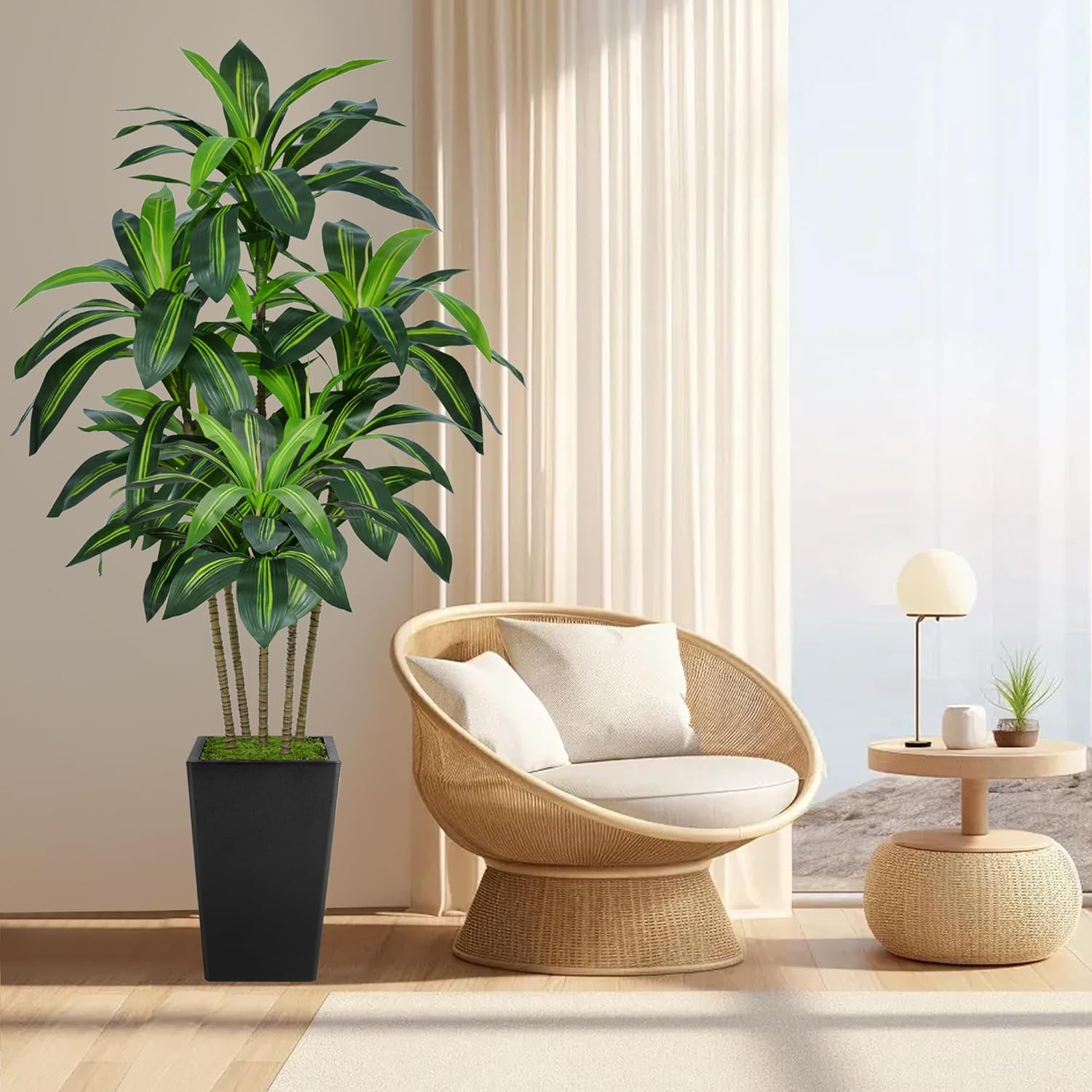 6FT Artificial Dracaena Tree, Fake Tree Indoor with Black Tall Planter,Tall Artificial Plants Indoor,Artificial Silk Tree for Home Office Decor (Black)