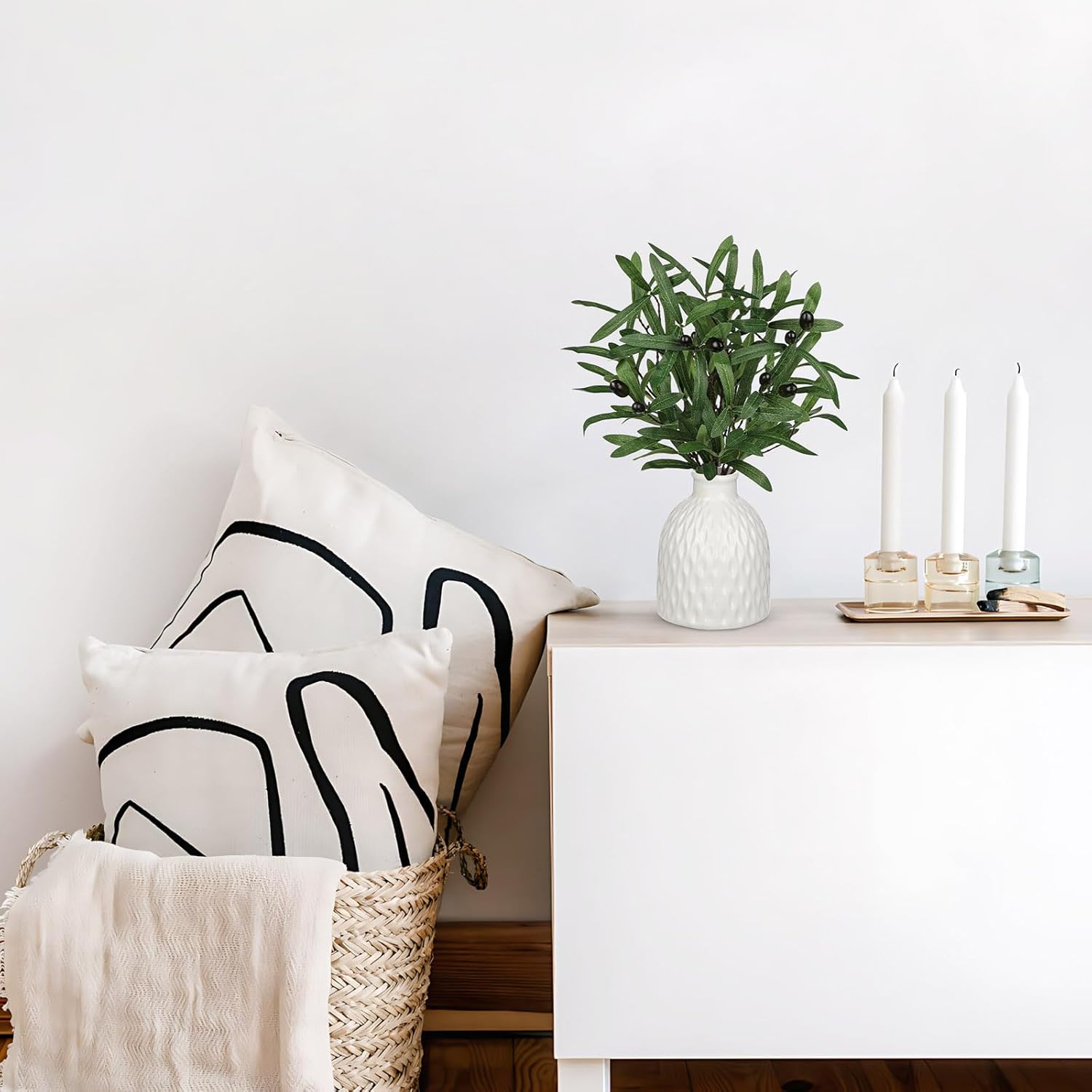 Briful Artificial Olive Branches in Rustic Ceramic Vase 16.9u201D Faux Olive Greenery Stems Fake Potted Plant for Farmhouse Home Living Room Bathroom Kitchen Table Centerpiece Decor