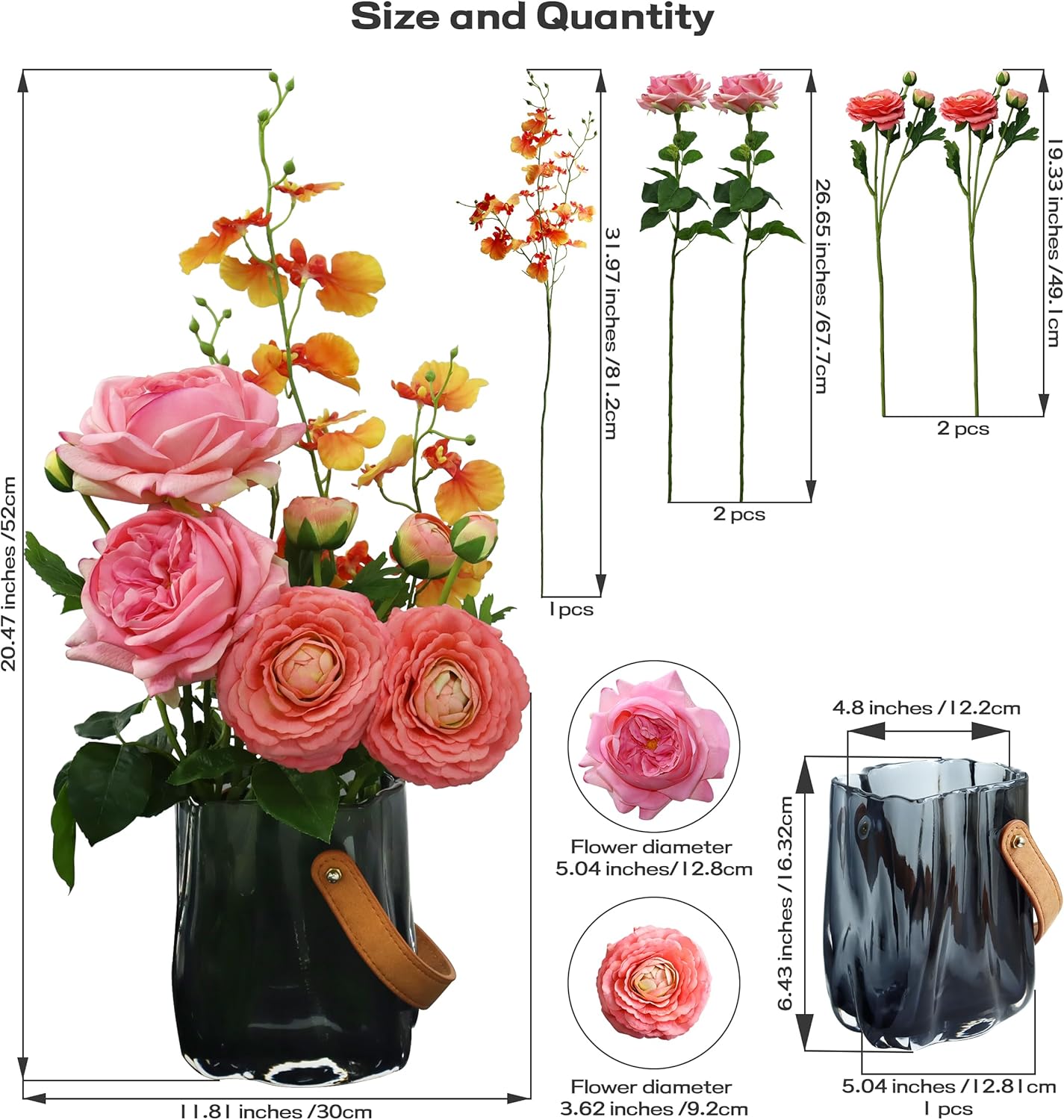 Fake Flowers with Vase, Artificial Flowers in Vase for Indoor Use, Real Touch Faux Flower Plant Arrangement Suitable for Living Room, Home Office Decoration, Bathroom, Dining Table Centerpiece