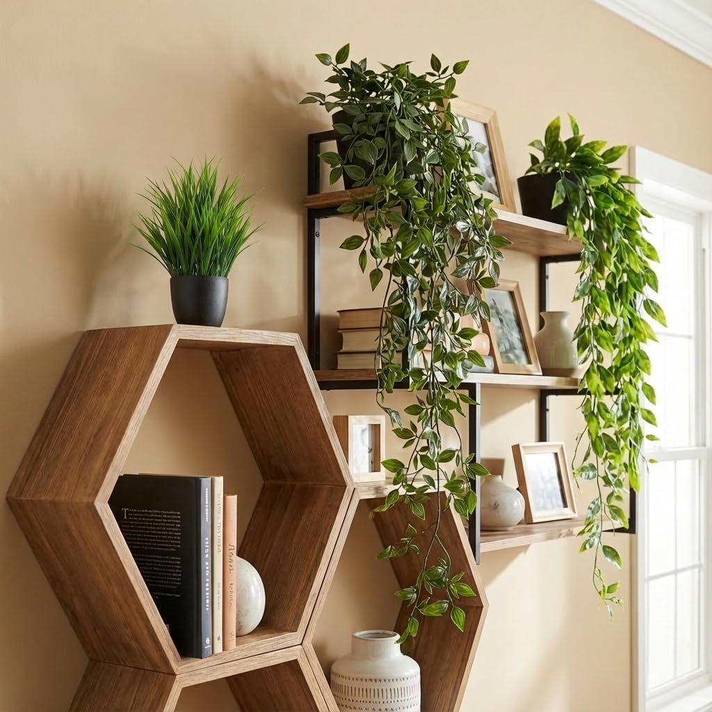 GOEJGSDJ 5 Pack Fake Plants for Wall Home Room Office,Artificial Hanging Plants,Small Potted Plants Decor, Artificial Plants Indoor Outdoor for Shelf Wall Decor