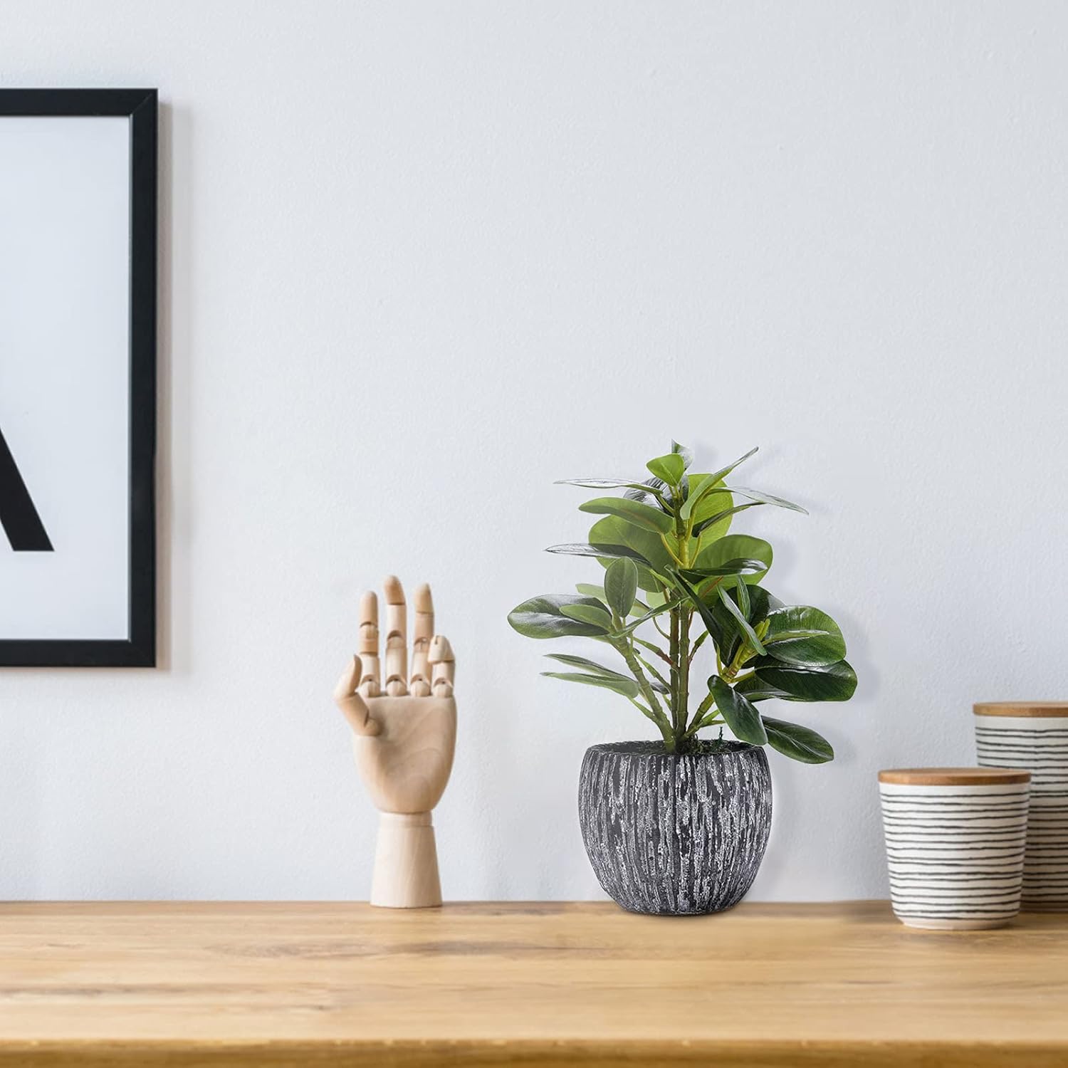 Artificial Potted Plant, Real Touch Artificial Oak Leaves Waterproof Fake Plants Indoor Outdoor, Eco Friendly Modern Concrete Greenery Plant Pots for Office Home Kitchen Shelf Farmhouse Decor