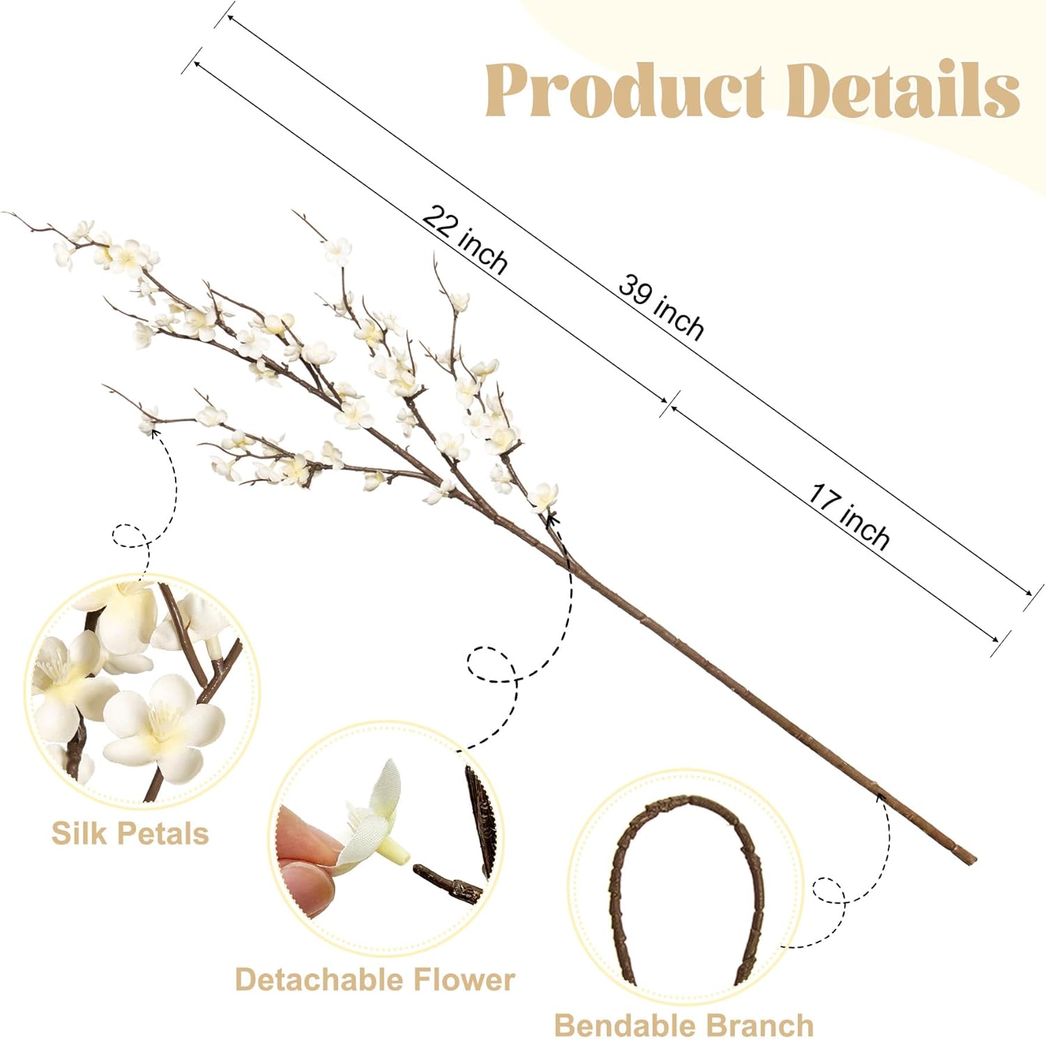 Ammyoo 4Pcs Cherry Blossom Branches Artificial Flowers for Spring Summer Indoor Decoration,Faux Long Stem Artificial Flowers for Wedding Home Office Bedroom Party Table Centerpieces Decor(White) - Image 2