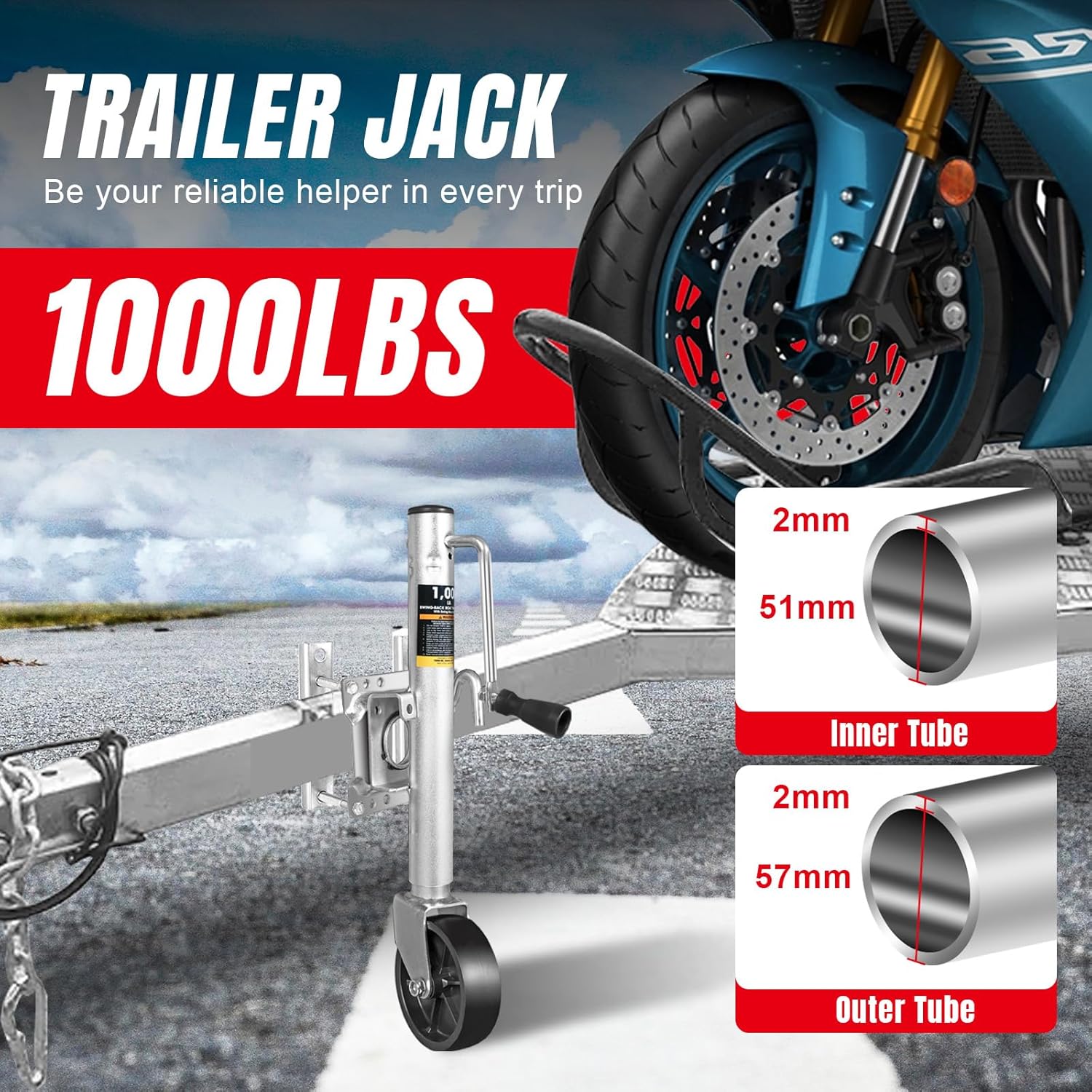 Torin 1000 lbs Trailer Jack with Wheel, Heavy Duty Swivel Boat Trailer Jack Single Whee, 10" Lift, Bolt-on Trailer Tongue Jack for RV Boat ATR39001B, Silver