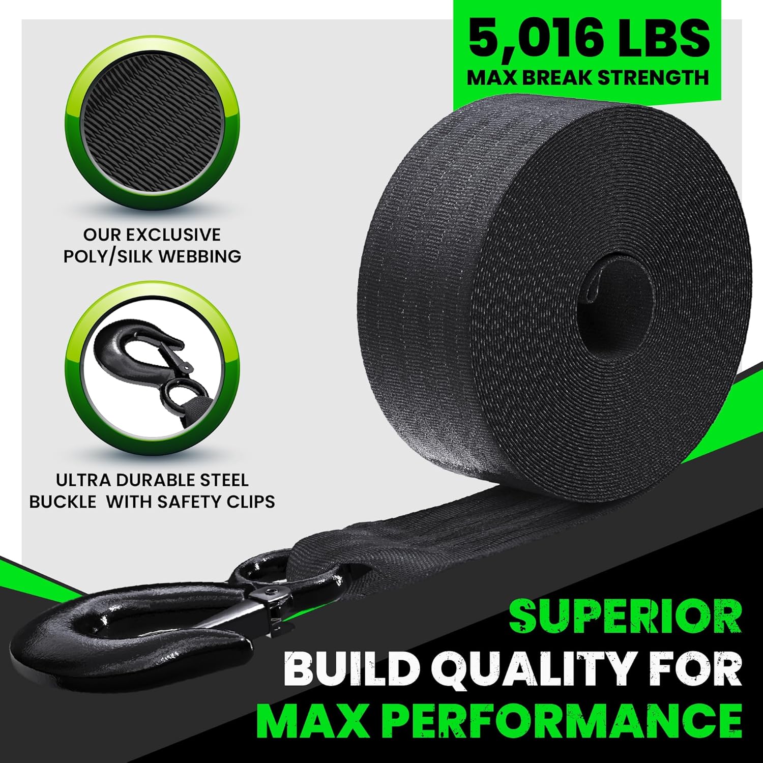 Rhino USA Boat Winch Strap with Hook (2" x 20') - 5,016lb Break Strength - Ultimate Replacement Boat Trailer Winch Straps with Safety Hook - Compatible with Pontoon, Jet Ski, Fishing Boat & More!