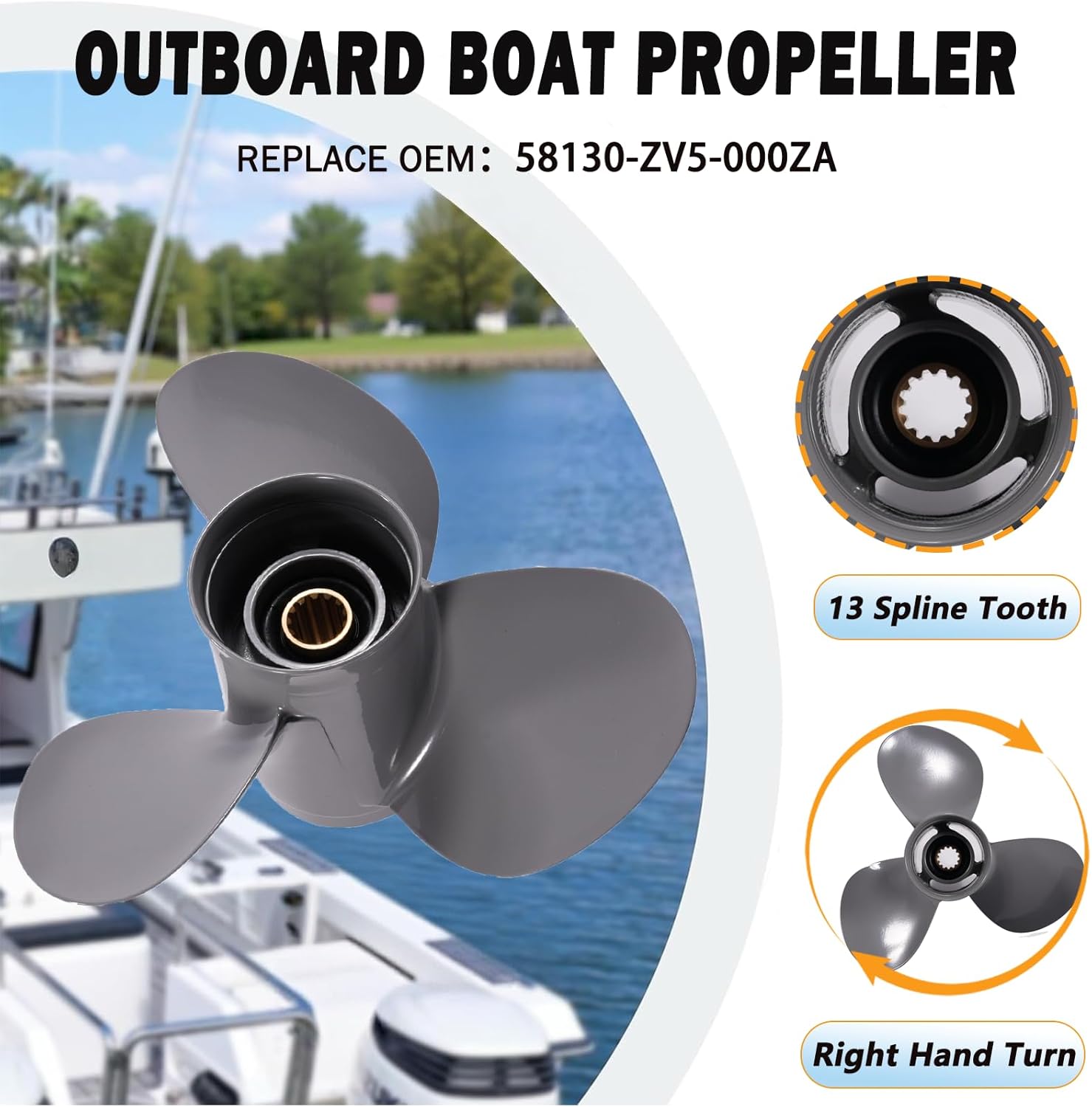 11 1/4 X 13 Upgrade OEM 58130-ZV5-000ZA Outboard Boat Propeller fit Honda Engines 35-60HP 13 Spline Tooth 11.25x13 Aluminum 3 Blades RH - Image 2