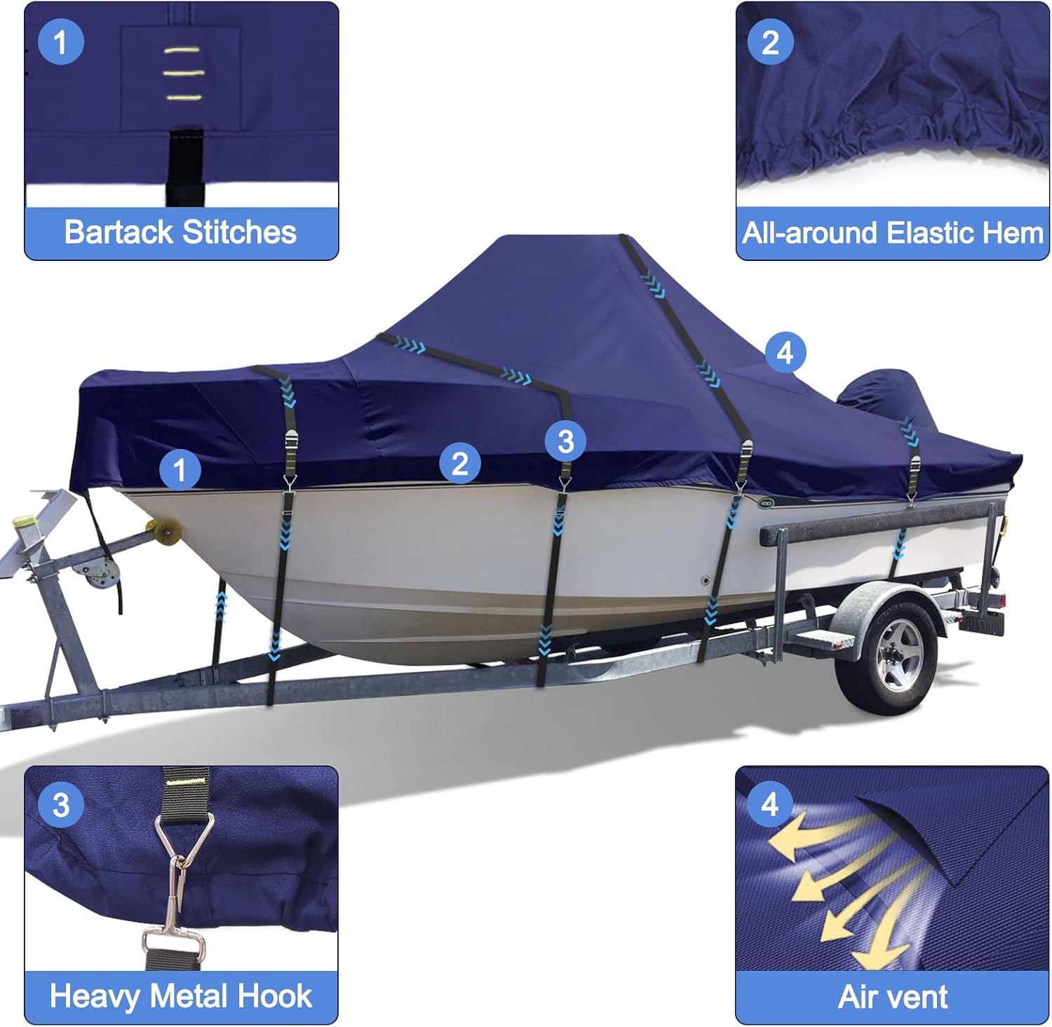 Zenicham 900D Heavy Duty Center Console Boat Cover, Windproof Full Metal Buckle Straps Boat Cover for Center Console Boat, fits 17'-19' Length, Beam Width up to 102" W (Navy) - Image 4