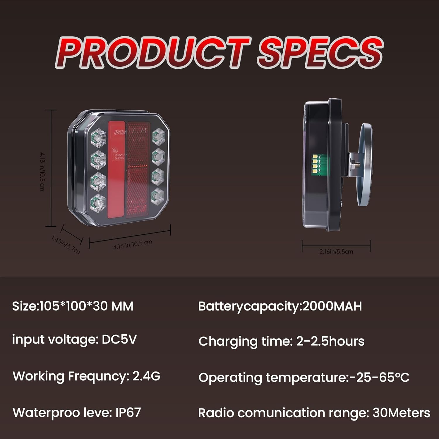 Magnetic Wireless Trailer Lights Kit, IP67 Waterproof Cordless LED Tow Lights w/ 2.4GHz Signal(100ft), 10H Battery - Easy Install for Truck, Trailer, RV, Boat, Camper - Image 6