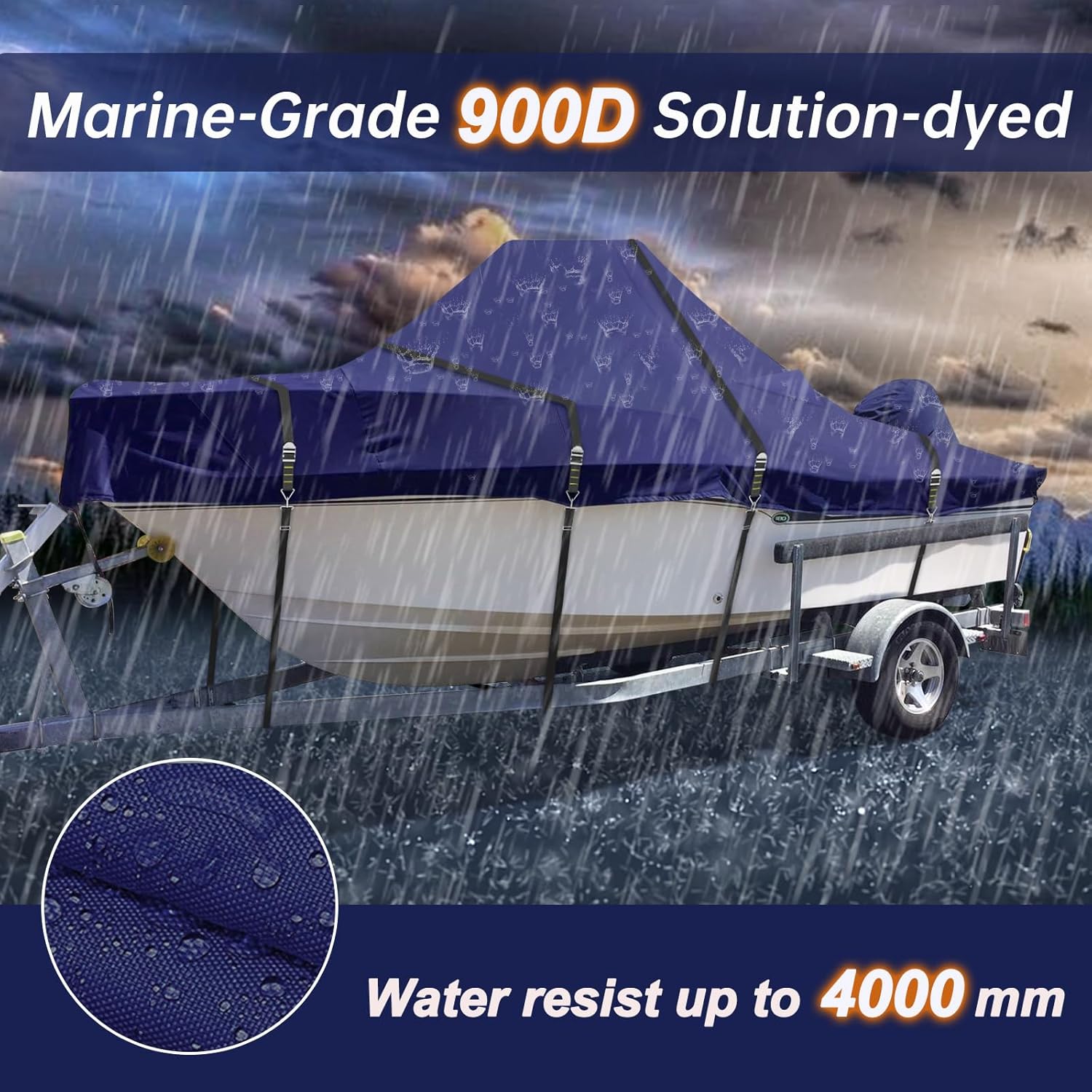 Zenicham 900D Heavy Duty Center Console Boat Cover, Windproof Full Metal Buckle Straps Boat Cover for Center Console Boat, fits 17'-19' Length, Beam Width up to 102" W (Navy) - Image 5