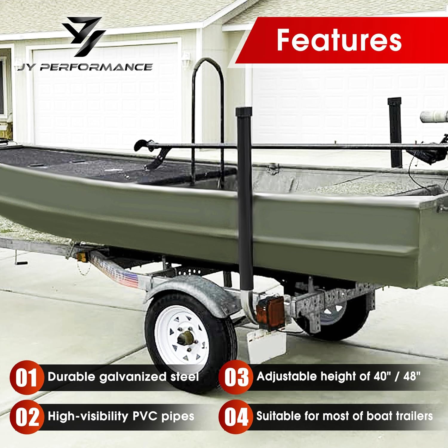 JY PERFORMANCE Boat Trailer Guide-ons, 40"/48" Adjustable, 2PCS Rustproof Electro-Galvanized Steel Trailer Guide ons, Trailer Guides with Black PVC Pipes, for Ski Boat, Fishing Boat, Sailboat Trailer