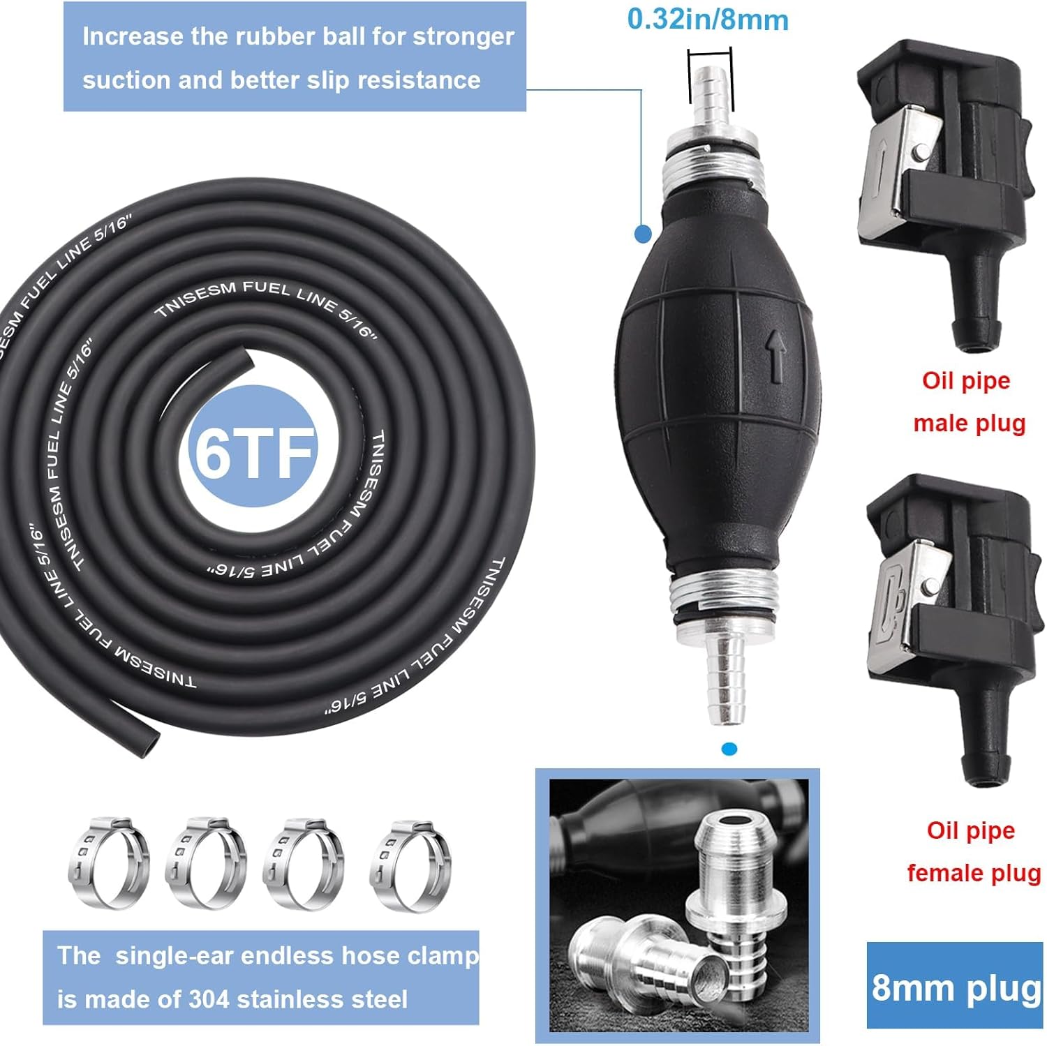 Tnisesm 5/16" 6FT Fuel Line Assembly, with Connector Rubber Marine Outboard Boat Motor RVs Fuel Assembly with Primer Bulb 304 Steel Hose Clamps - Image 2