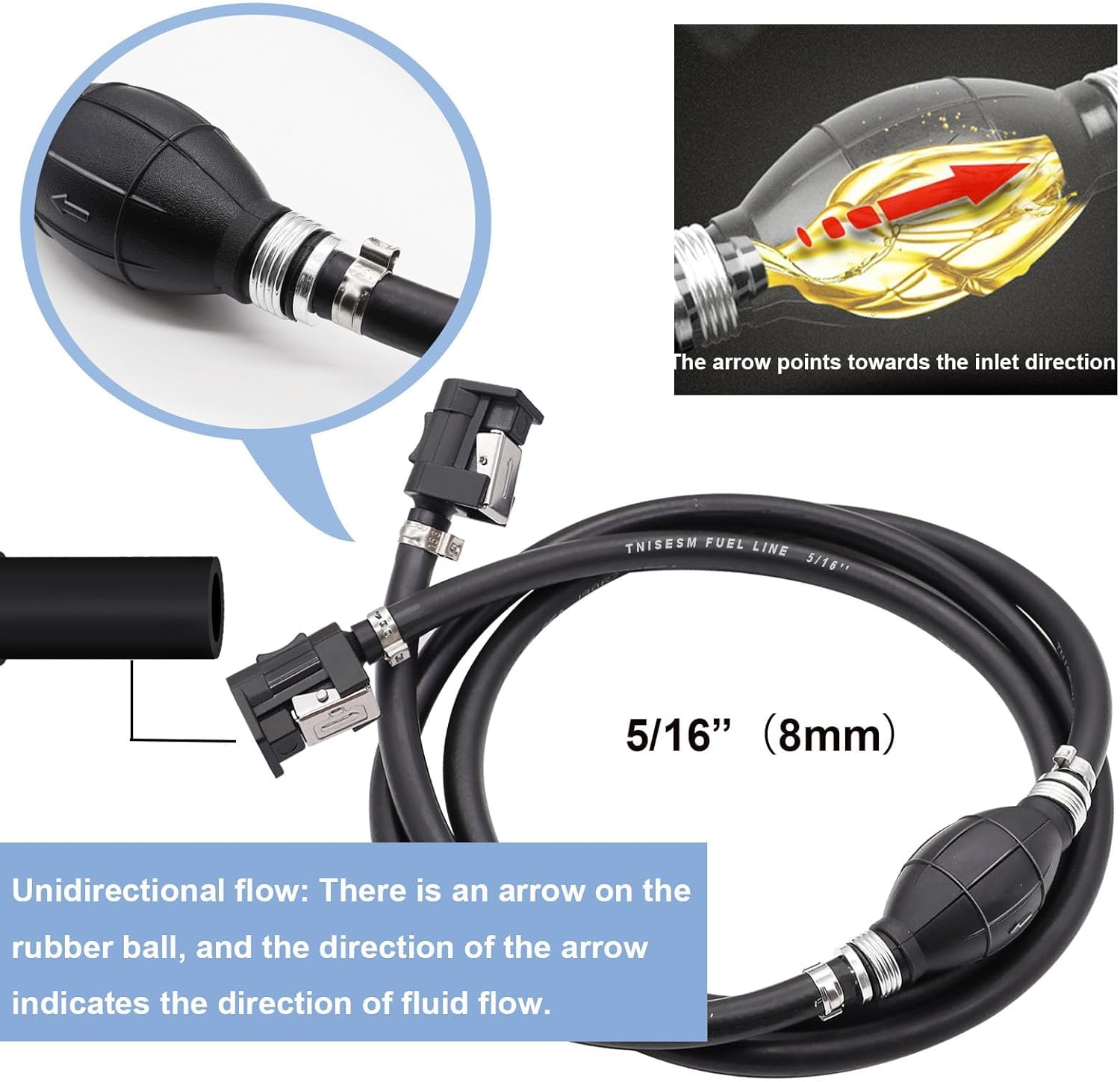 Tnisesm 5/16" 6FT Fuel Line Assembly, with Connector Rubber Marine Outboard Boat Motor RVs Fuel Assembly with Primer Bulb 304 Steel Hose Clamps - Image 3
