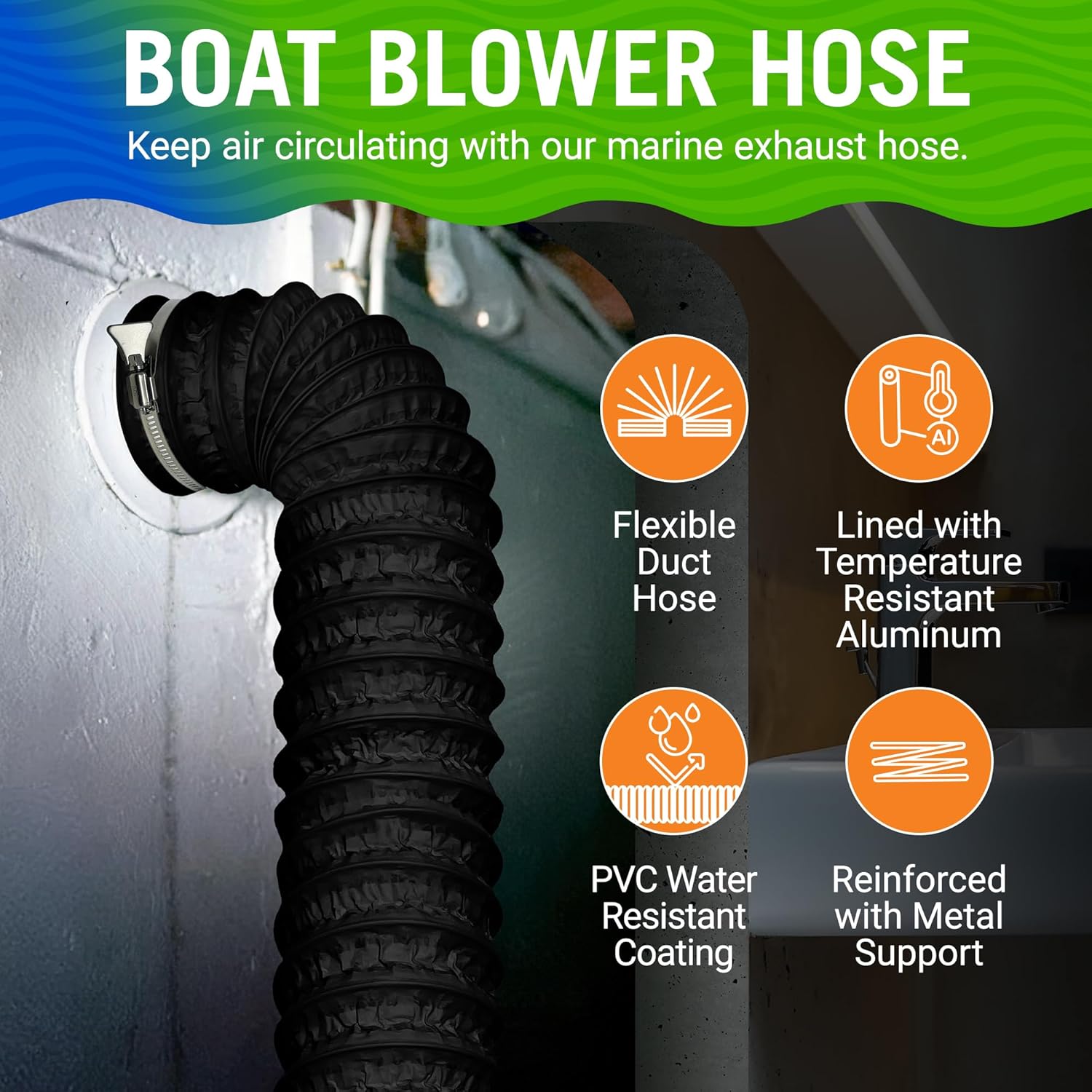 Boat Blower Hose, 4 Inch Marine Exhaust Hose, 10 Ft Flexible PVC Duct for Bilge, Engine Compartment, Galley, Head, or Dryer Vent, Black