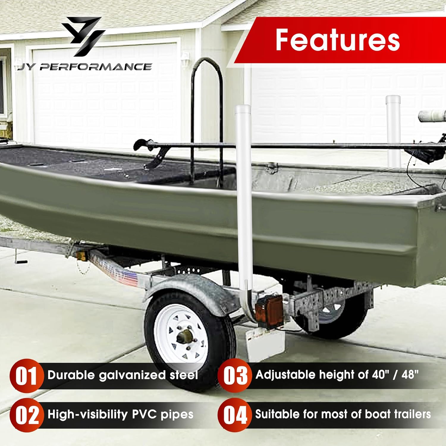 JY PERFORMANCE Boat Trailer Guide-ons, 40"/48" Adjustable, Rustproof Electro-Galvanized Steel Trailer Guide ons, Trailer Guides with White PVC Pipes, for Ski Boat, Fishing Boat, Sailboat Trailer 2PCS