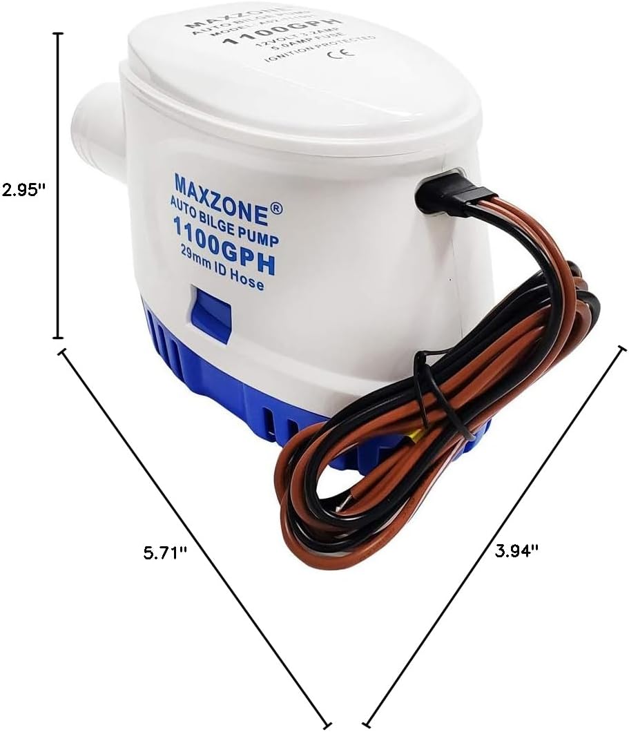 Automatic Submersible Boat Bilge Water Pump 12v 1100gph Auto with Float Switch, 1-1/8" Outlet, Compact Marine Boat Yacht