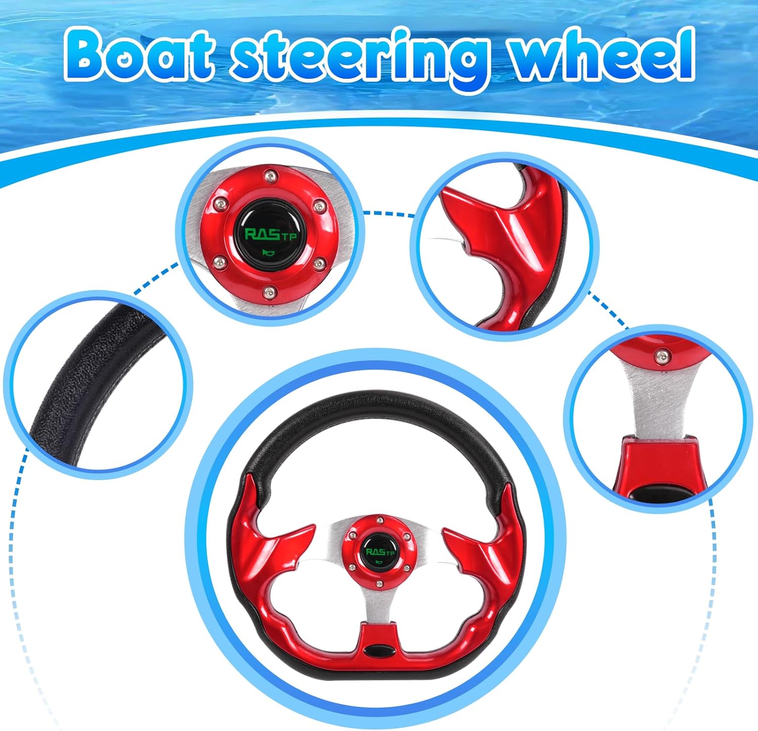 RASTP 12.6 Inch Boat Steering Wheel with 3/4u201C Axle Marine Steering Wheel Adapter for Most Marine boats,Vessels,Yachts,Pontoons Boat(Red) - Image 2