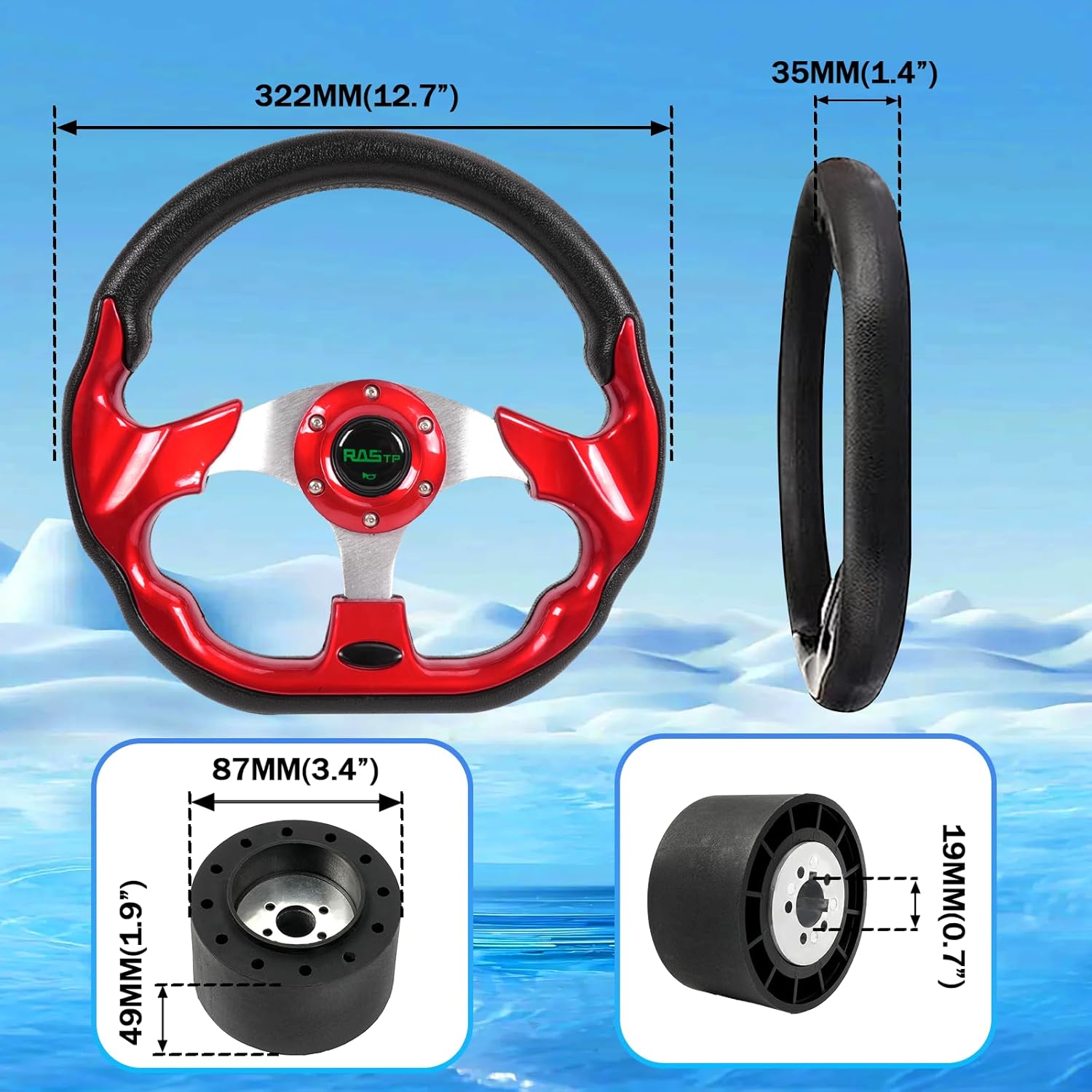 RASTP 12.6 Inch Boat Steering Wheel with 3/4u201C Axle Marine Steering Wheel Adapter for Most Marine boats,Vessels,Yachts,Pontoons Boat(Red) - Image 3