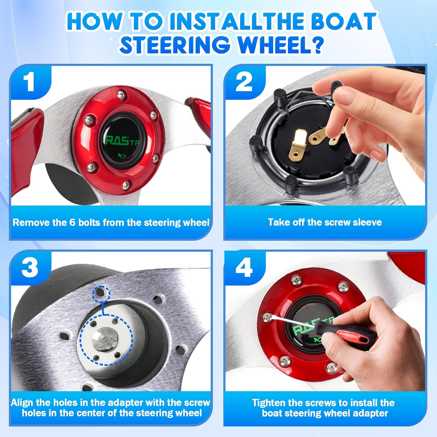 RASTP 12.6 Inch Boat Steering Wheel with 3/4u201C Axle Marine Steering Wheel Adapter for Most Marine boats,Vessels,Yachts,Pontoons Boat(Red) - Image 4