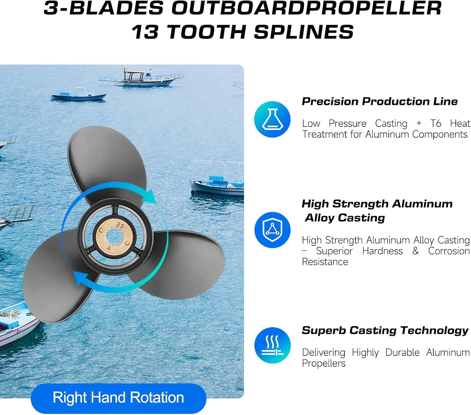 VQPROPs Your Props Marine OEM Upgrade 13 Spline Tooth Prop Aluminum Outboard Boat Propeller Compatible Fit Mercury Engines with 3-1/4" Gearcase 2&4 Stroke 30/35/40/45/50/55/60/70HP,RH - Image 3