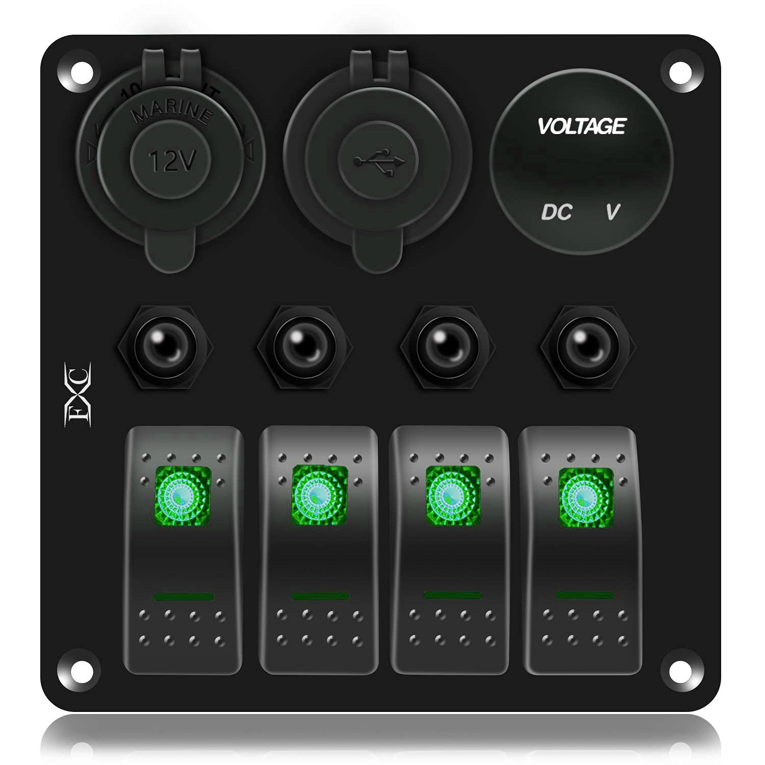 FXC Waterproof Marine Boat Rocker Switch Panel 4 Gang with QC3.0 USB & Type-C Slot Socket + Cigarette Lighter +LED Voltmeter with Overload Protection for Car Rv Vehicles Truck (4 Gang Green LED)